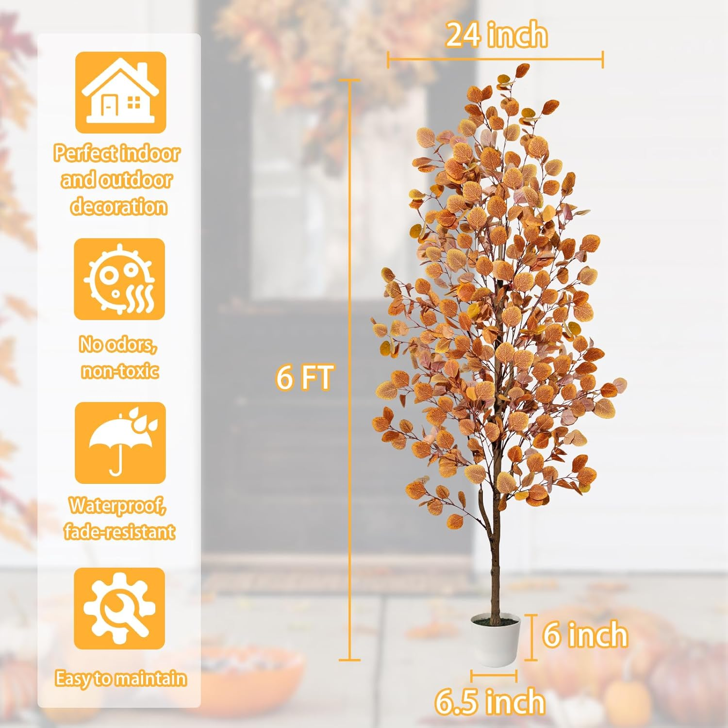 6ft Artificial Eucalyptus Tree - Orange Fall Decor for Indoor/Outdoor Porch & Entryway