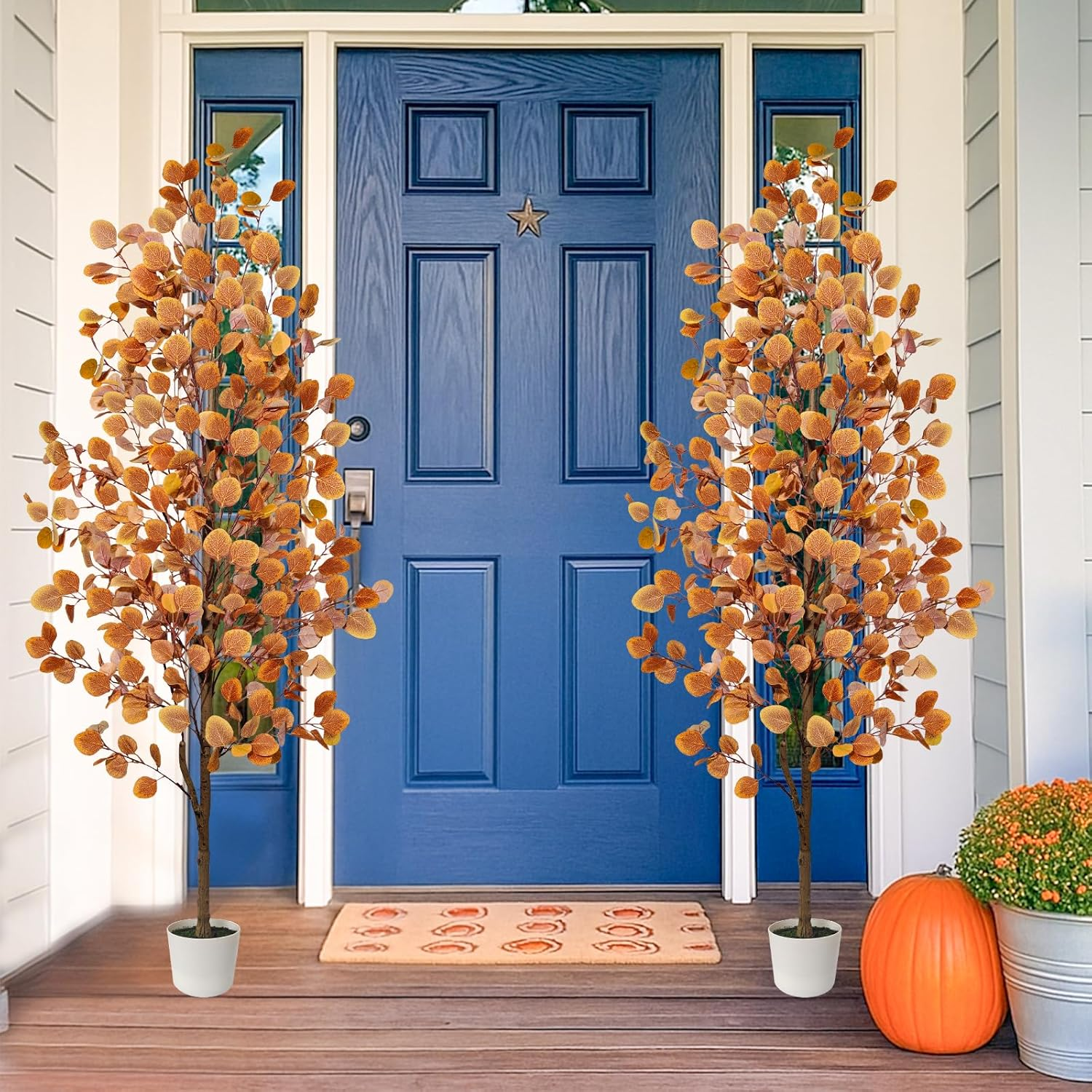 6ft Artificial Eucalyptus Tree - Orange Fall Decor for Indoor/Outdoor Porch & Entryway