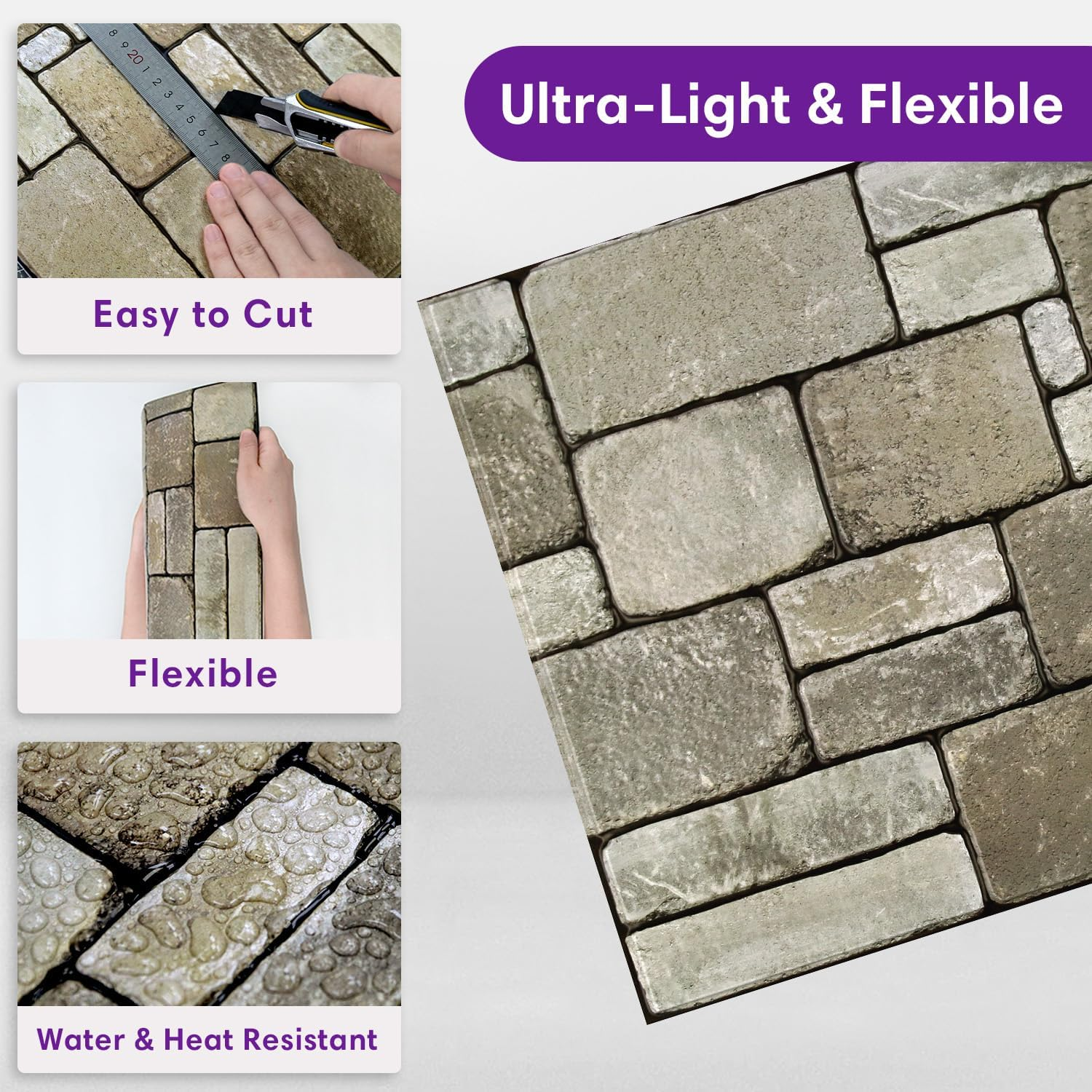 3D Stone Wall Panels - Peel and Stick Faux Brown Stone Tiles (10 Pack)