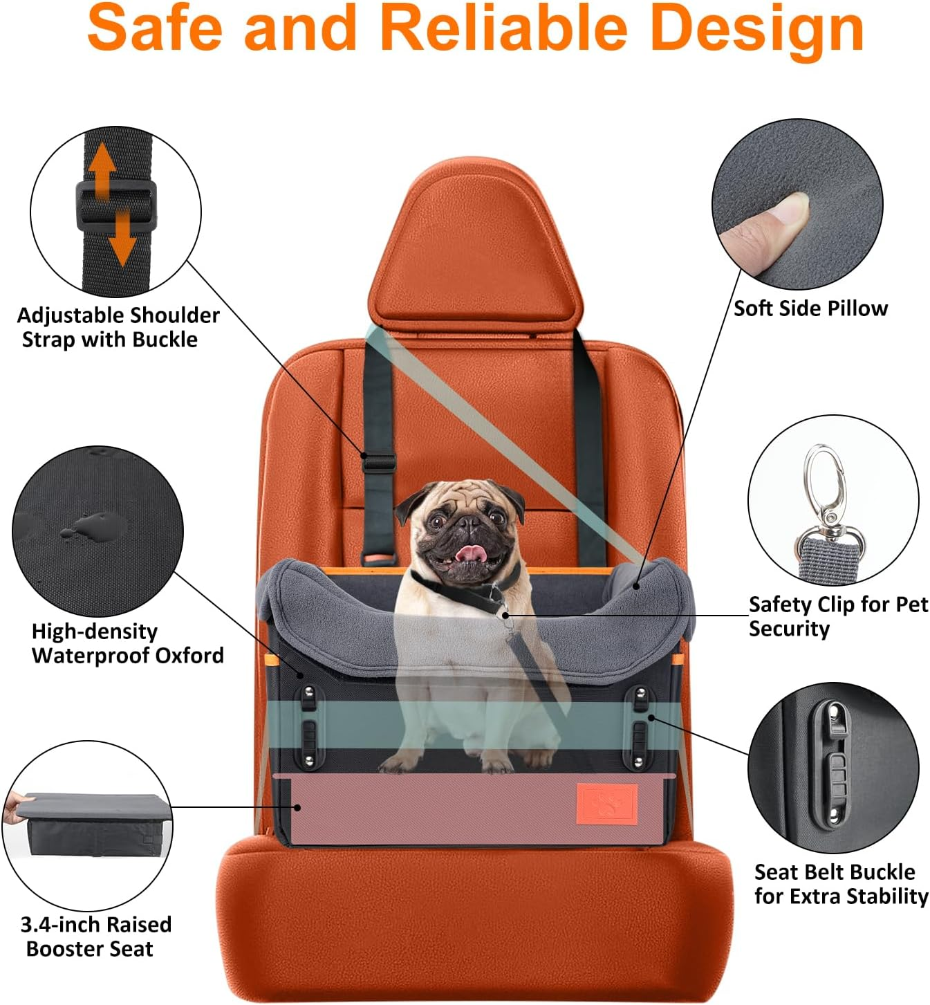 Small Dog Car Seat Cover - Memory Foam Pet Booster with Safety Harness