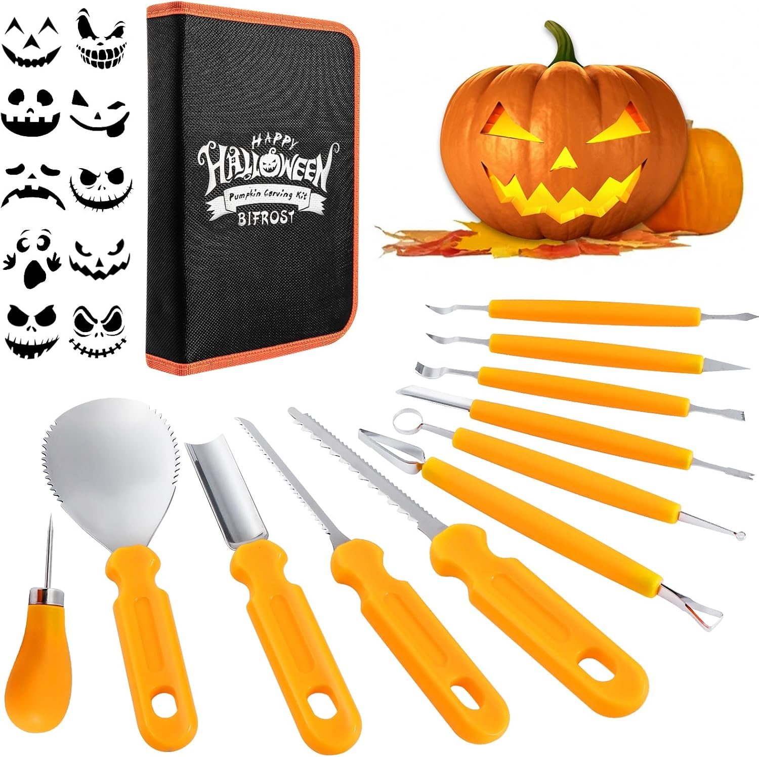22-Piece Pumpkin Carving Kit with Stainless Steel Tools & Stencils