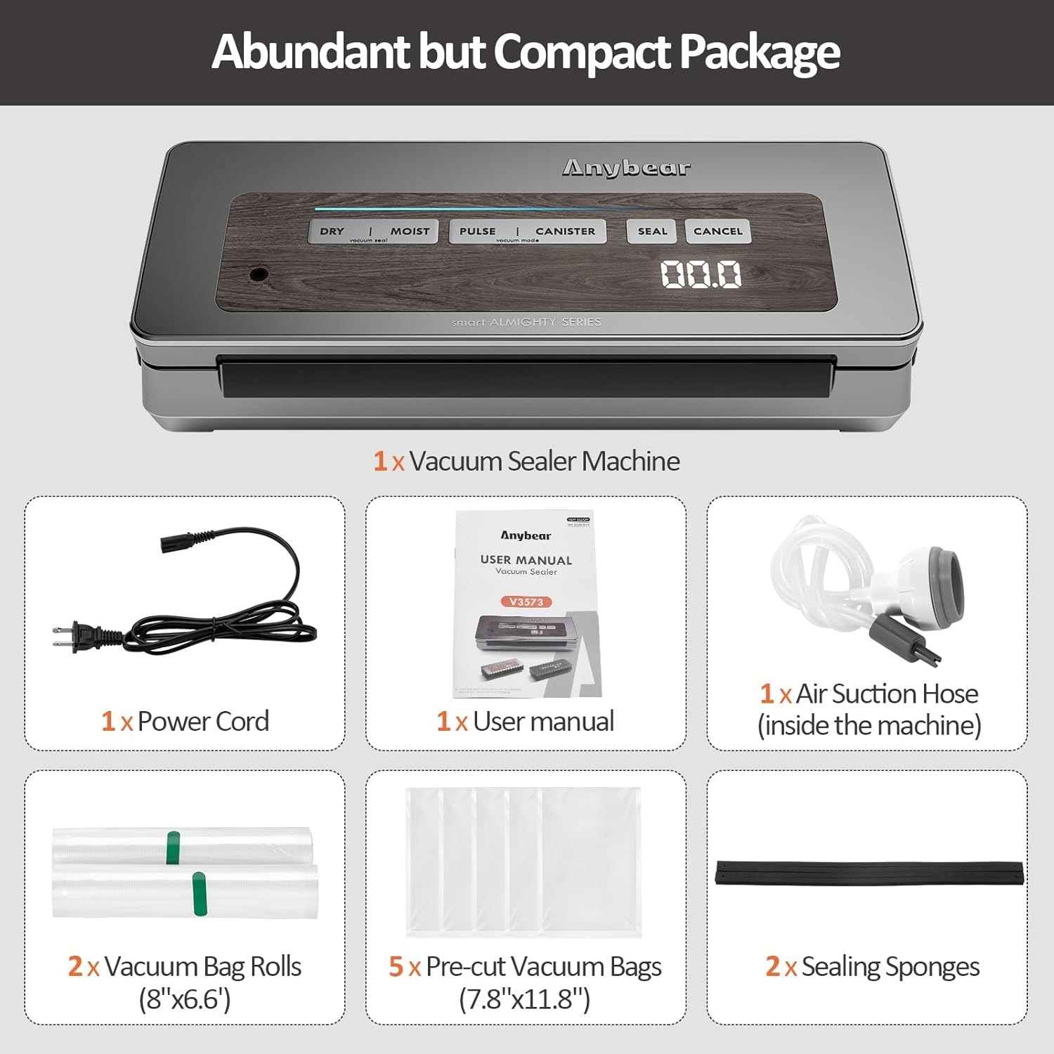 Anybear Vacuum Sealer Machine - 90kPa Suction, 120W Motor with Cutter