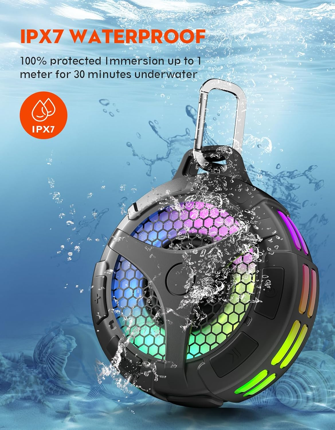 Bondidea Waterproof Bluetooth Speaker - IPX7 Portable Shower Speaker with RGB Lights