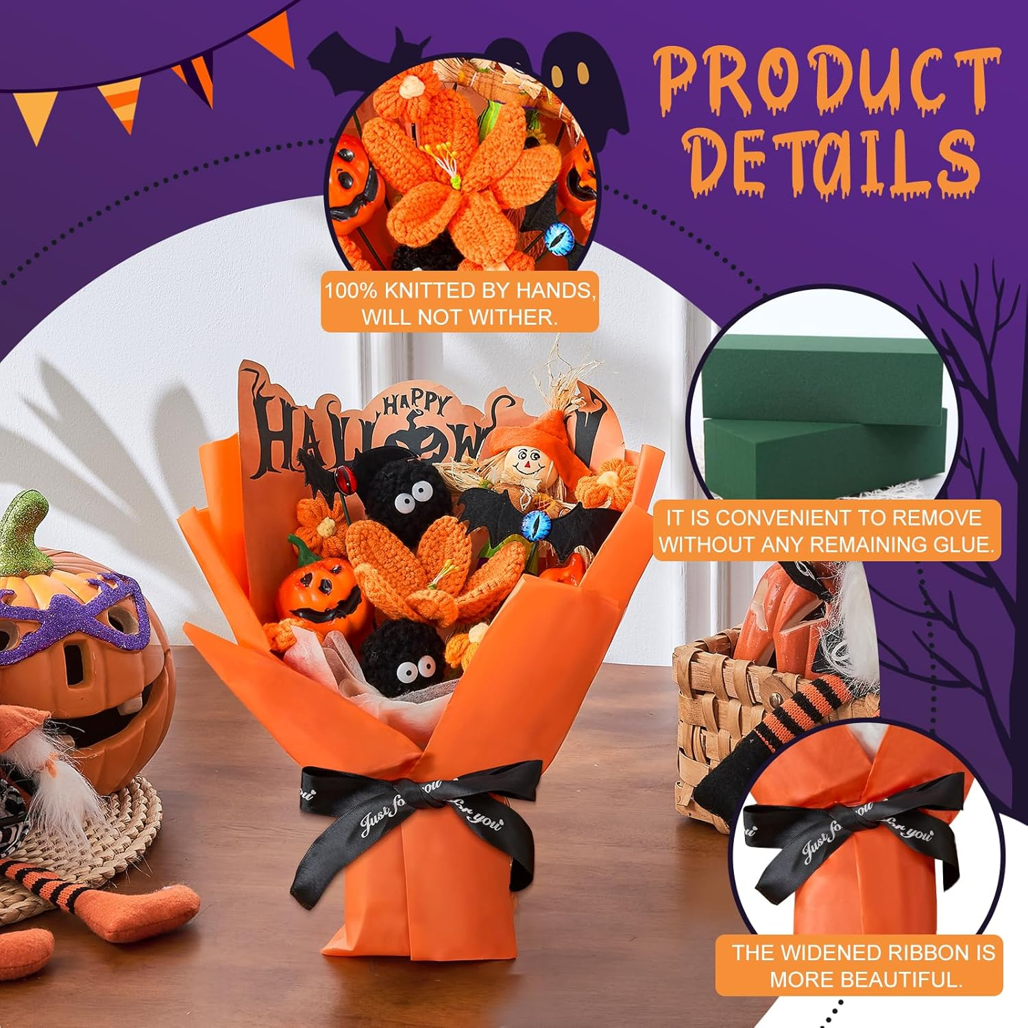 Halloween Crochet Flowers Bouquet - Bats Ghost Pumpkin Decorations