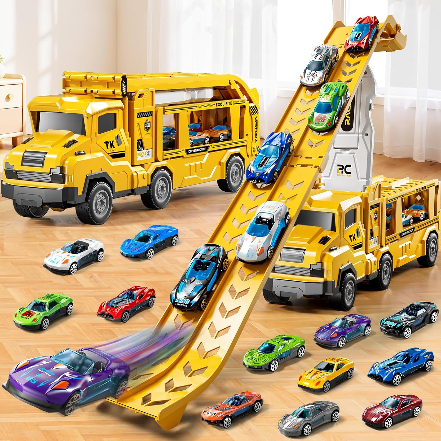 3-in-1 Kid Carrier Truck Toy with 12 Racing Cars & Foldable Track