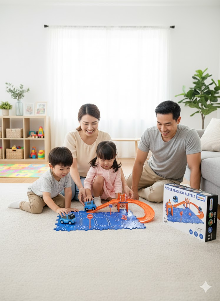 Puzzle Track Car Play Set - Battery-Powered Car with Interactive Track