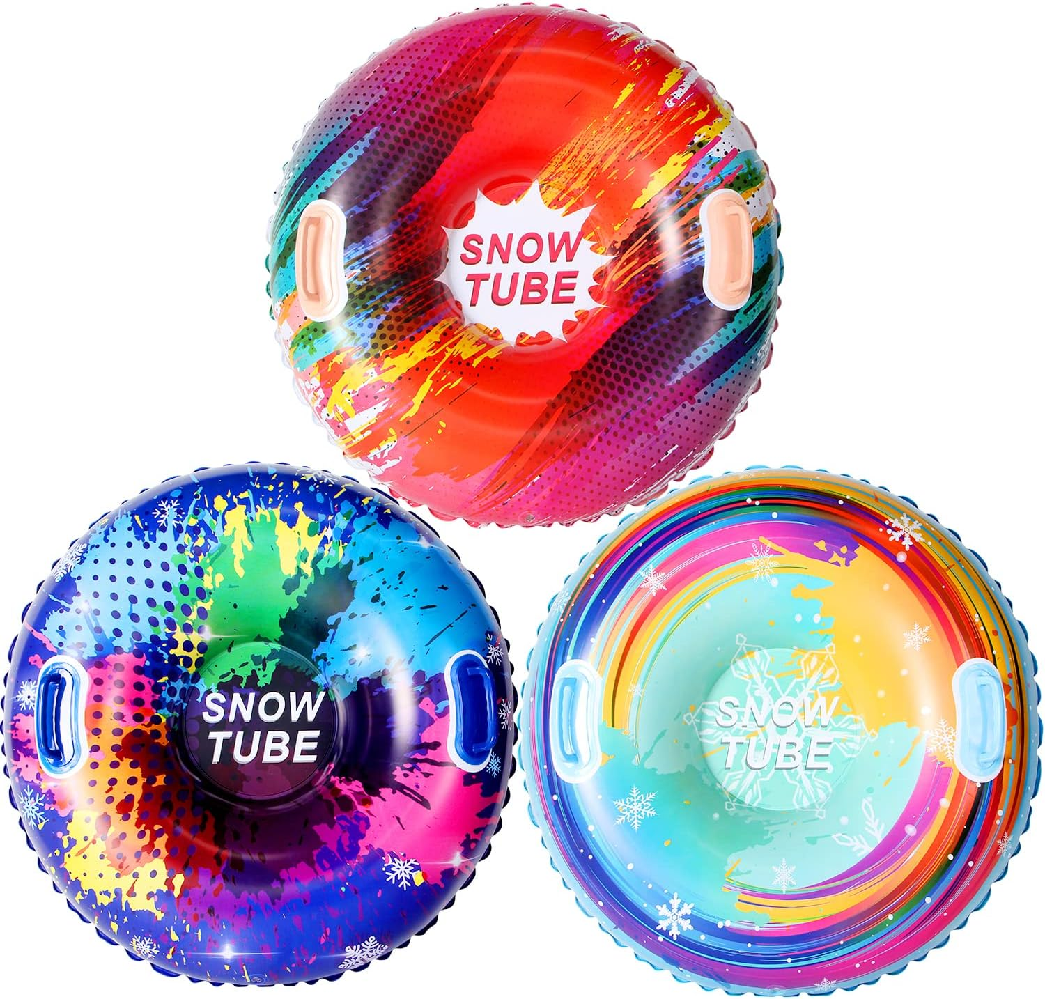 Experience winter fun with the 3 Pack Inflatable Snow Tubes,
