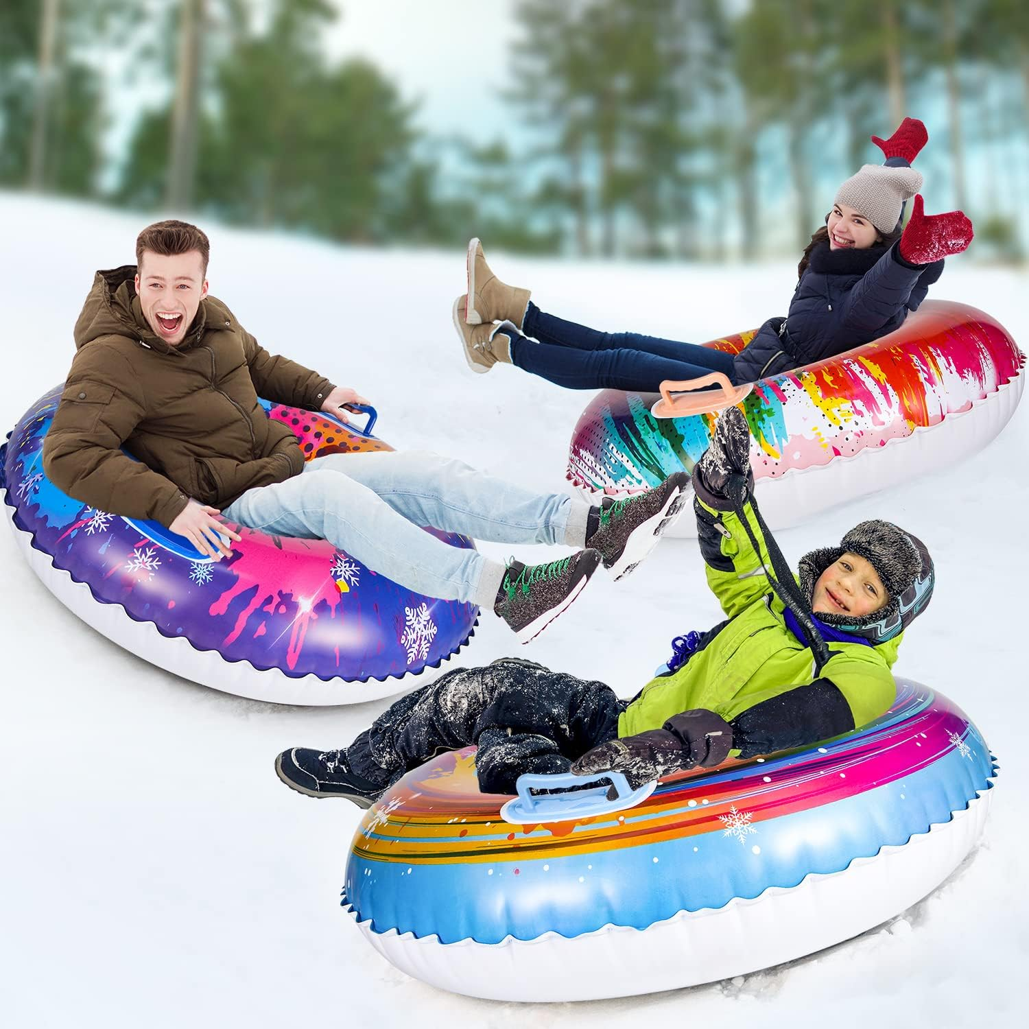 Experience winter fun with the 3 Pack Inflatable Snow Tubes,