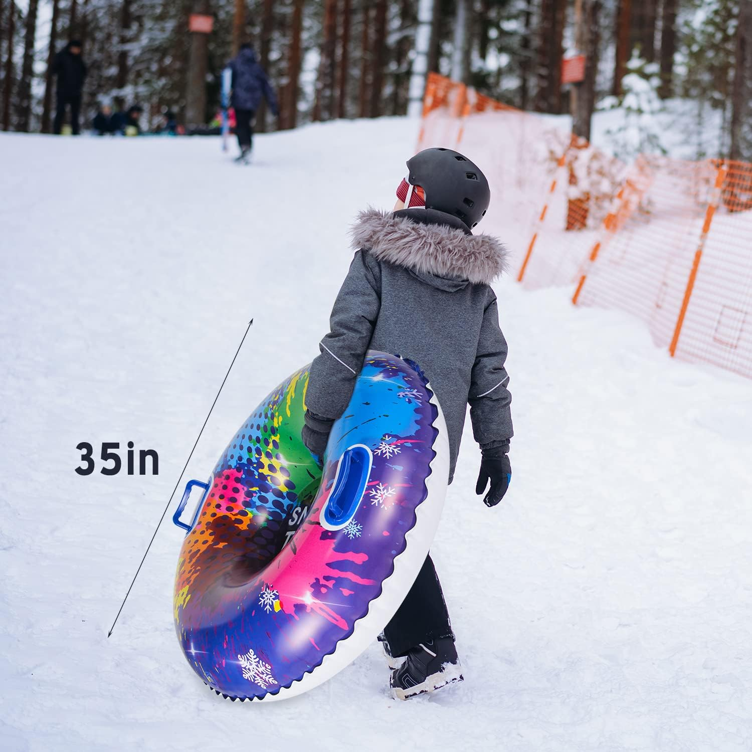 Experience winter fun with the 3 Pack Inflatable Snow Tubes,