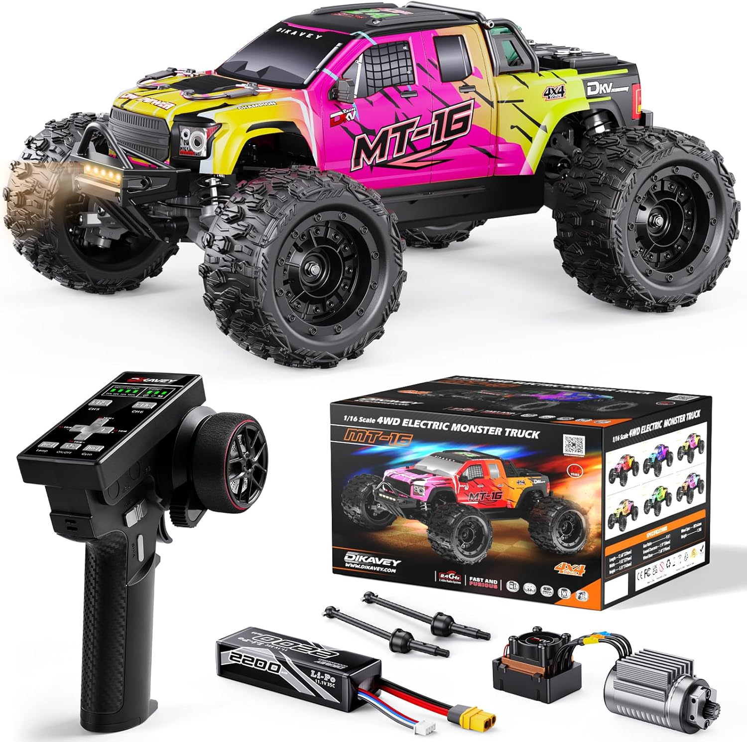 DIKAVEY 1/16 Scale 50MPH Brushless RC Truck - 4WD All-Terrain Remote Control Car with 3S Battery