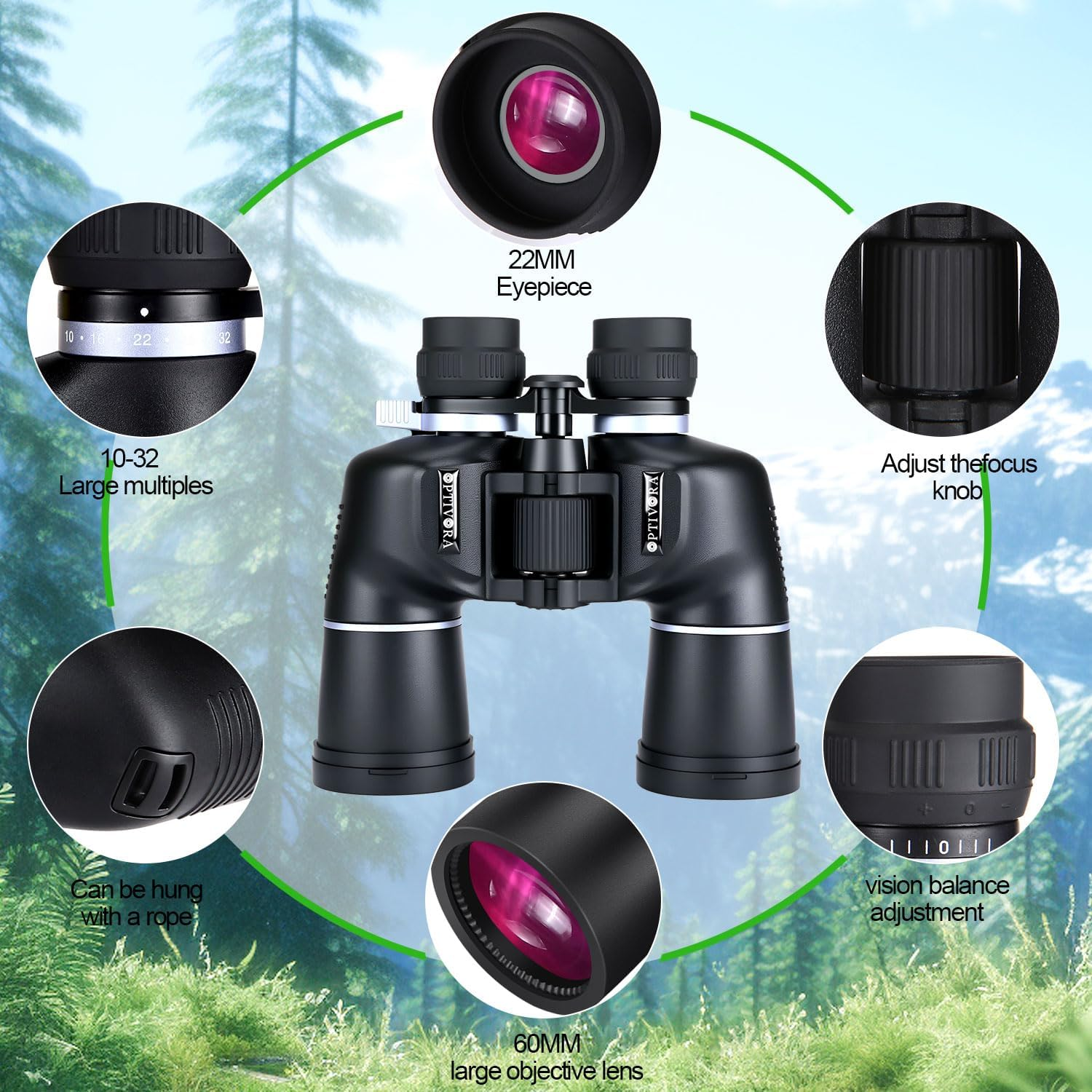 OPTIVORA 10-32x60 Zoom Binoculars for Adults - High Powered BAK4 Telescope with SMC Lenses