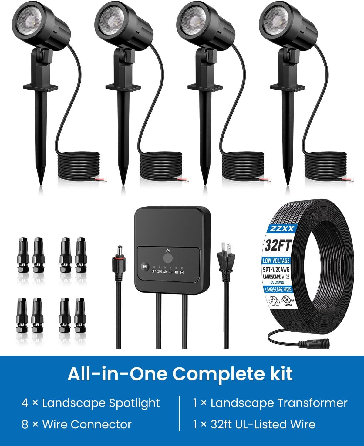 ZZXX LED Landscape Lighting Kit - 4-Pack Low Voltage Outdoor Lights with Transformer