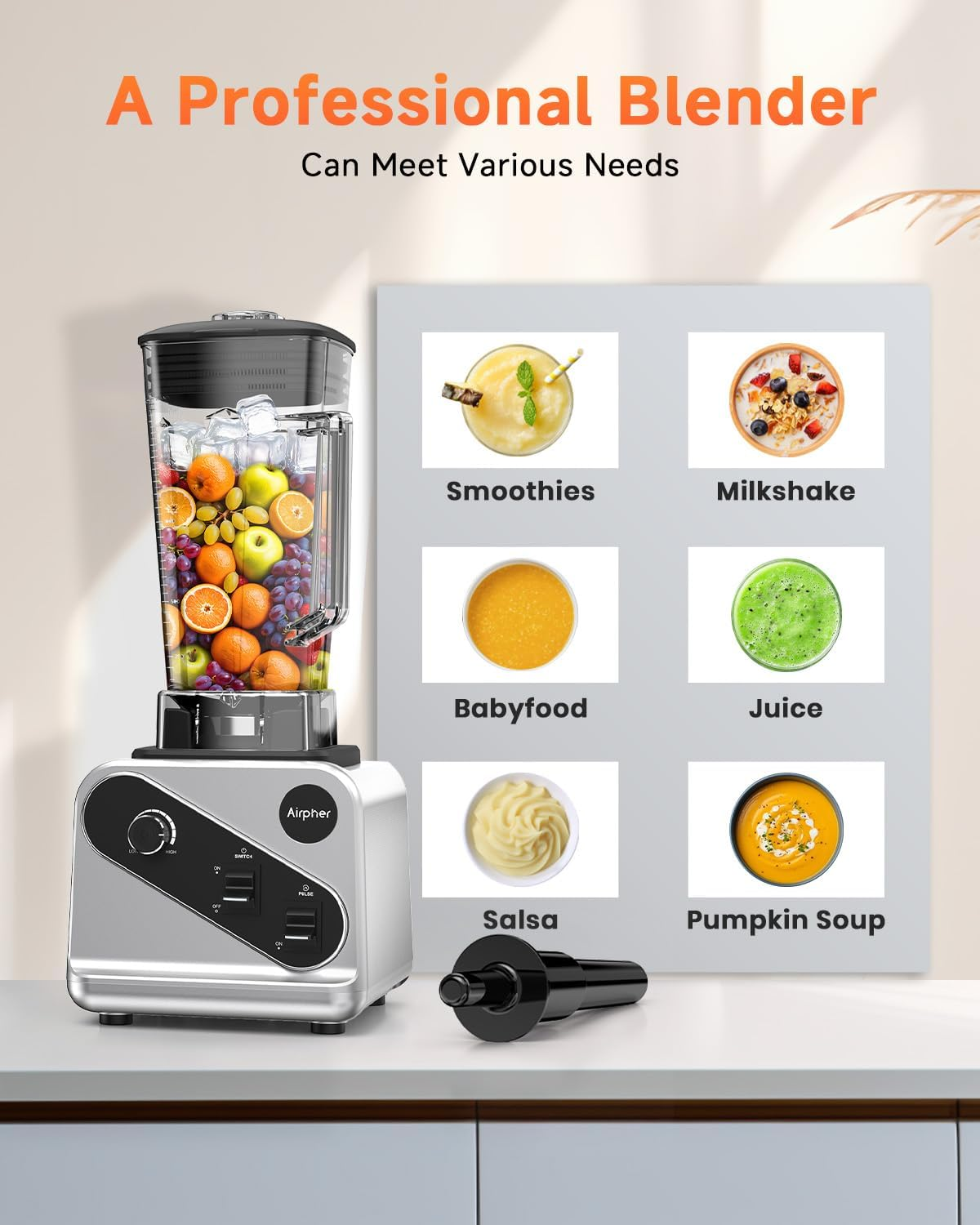 Airpher 2000W Professional Blender - Variable Speed Control for Smoothies & Ice Crushing