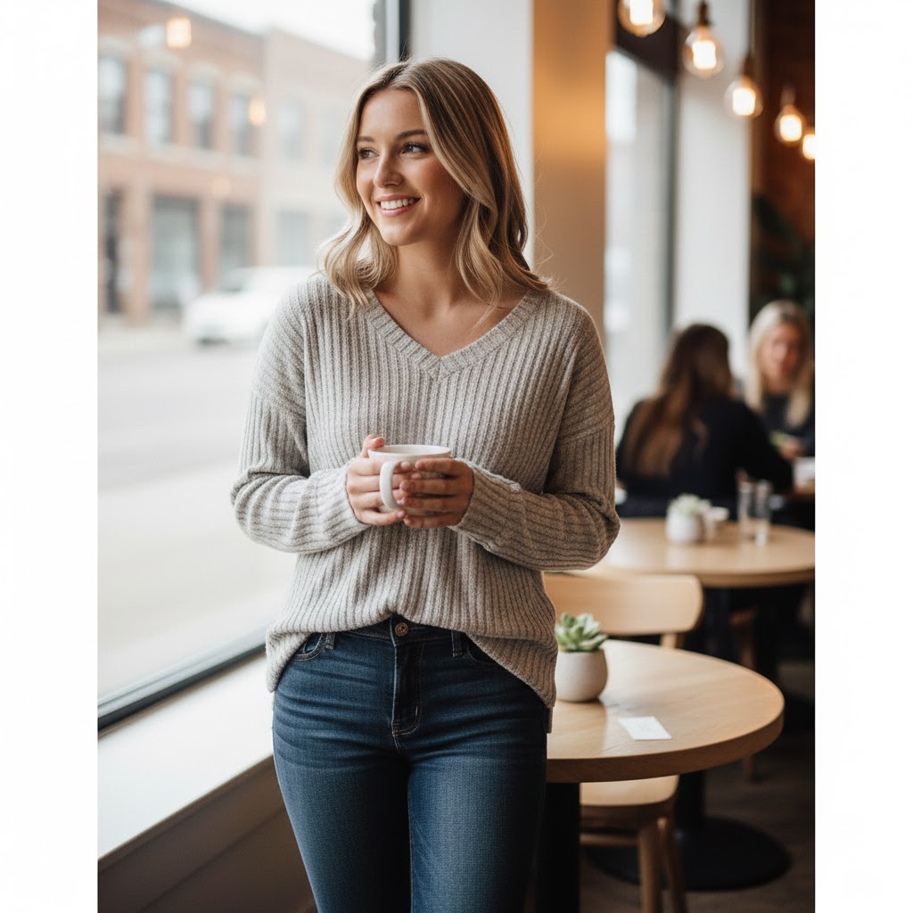 Beige Ribbed V-Neck Sweater - Women's Long Sleeve Knit Pullover