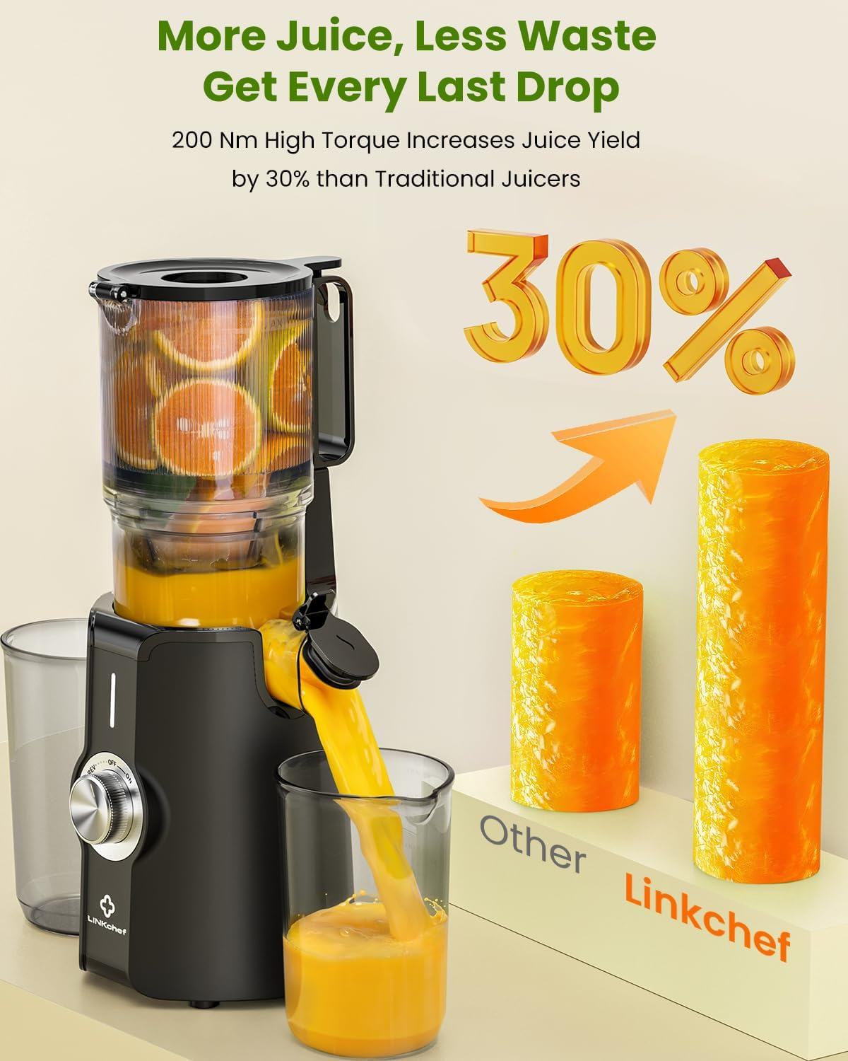 LINKChef Cold Press Juicer - 4.35" Wide Chute Masticating Juicer for Whole Fruits & Vegetables