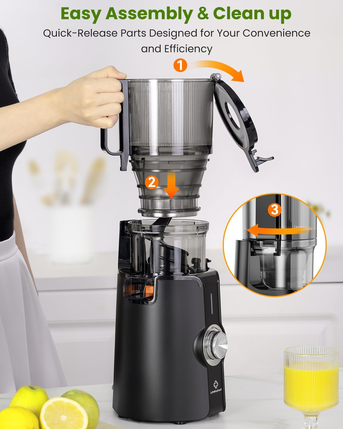 LINKChef Cold Press Juicer - 4.35" Wide Chute Masticating Juicer for Whole Fruits & Vegetables