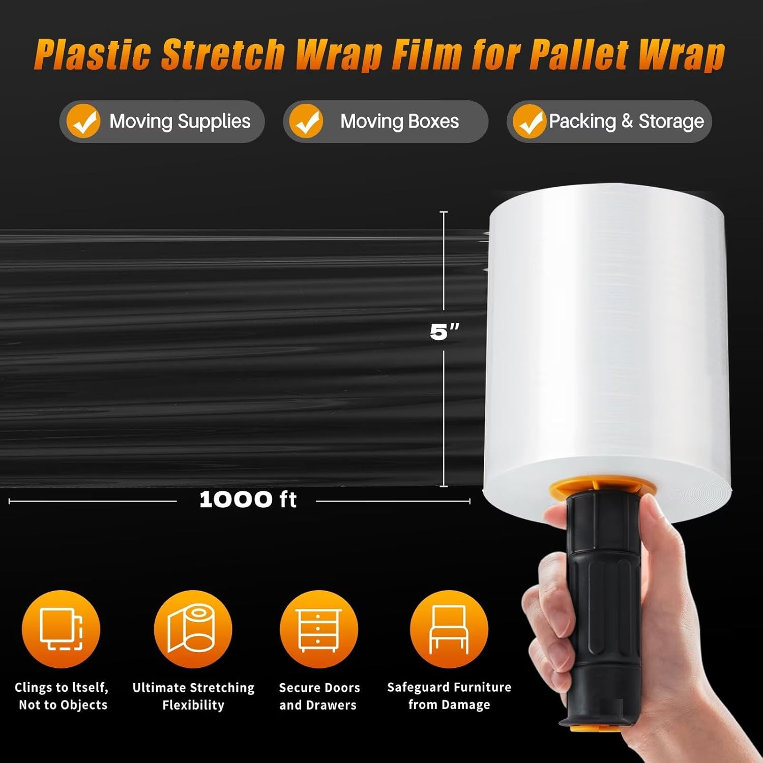 BETU Heavy-Duty Stretch Film 5" x 1000ft - Industrial Plastic Wrap for Moving & Packing
