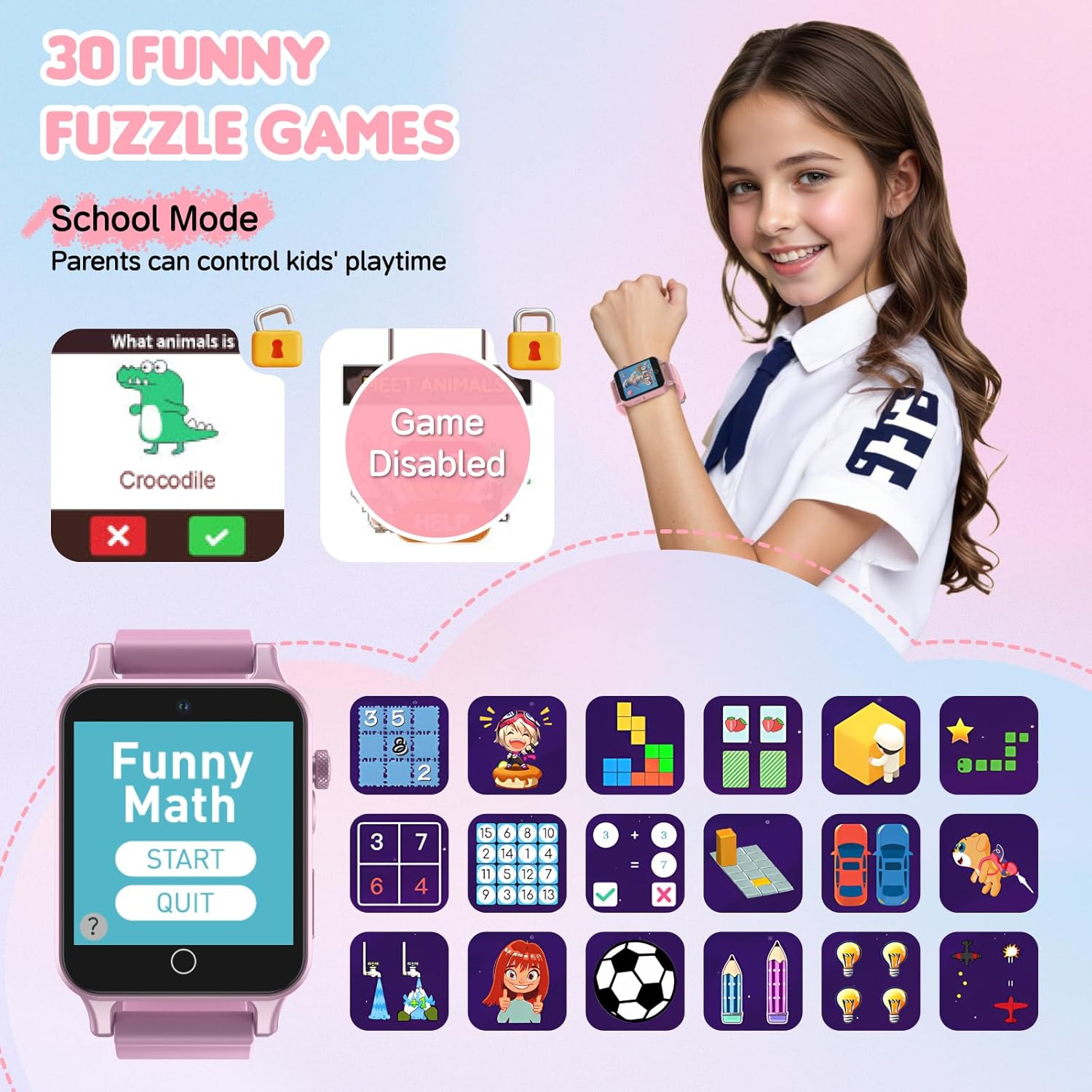 Kids Smart Watch for Girls Ages 5-12 - HD Camera Touchscreen with 30 Games & Learning Cards