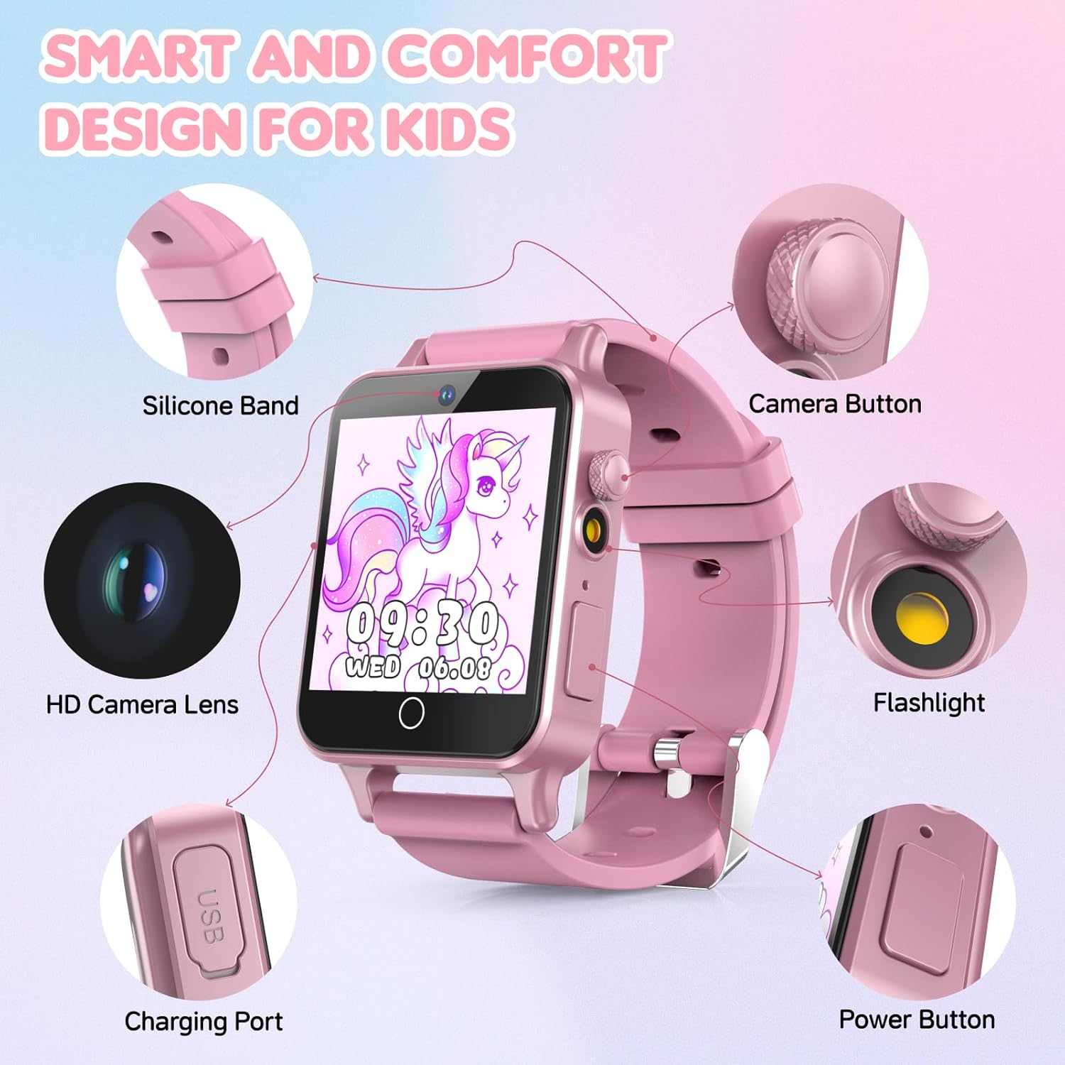 Kids Smart Watch for Girls Ages 5-12 - HD Camera Touchscreen with 30 Games & Learning Cards