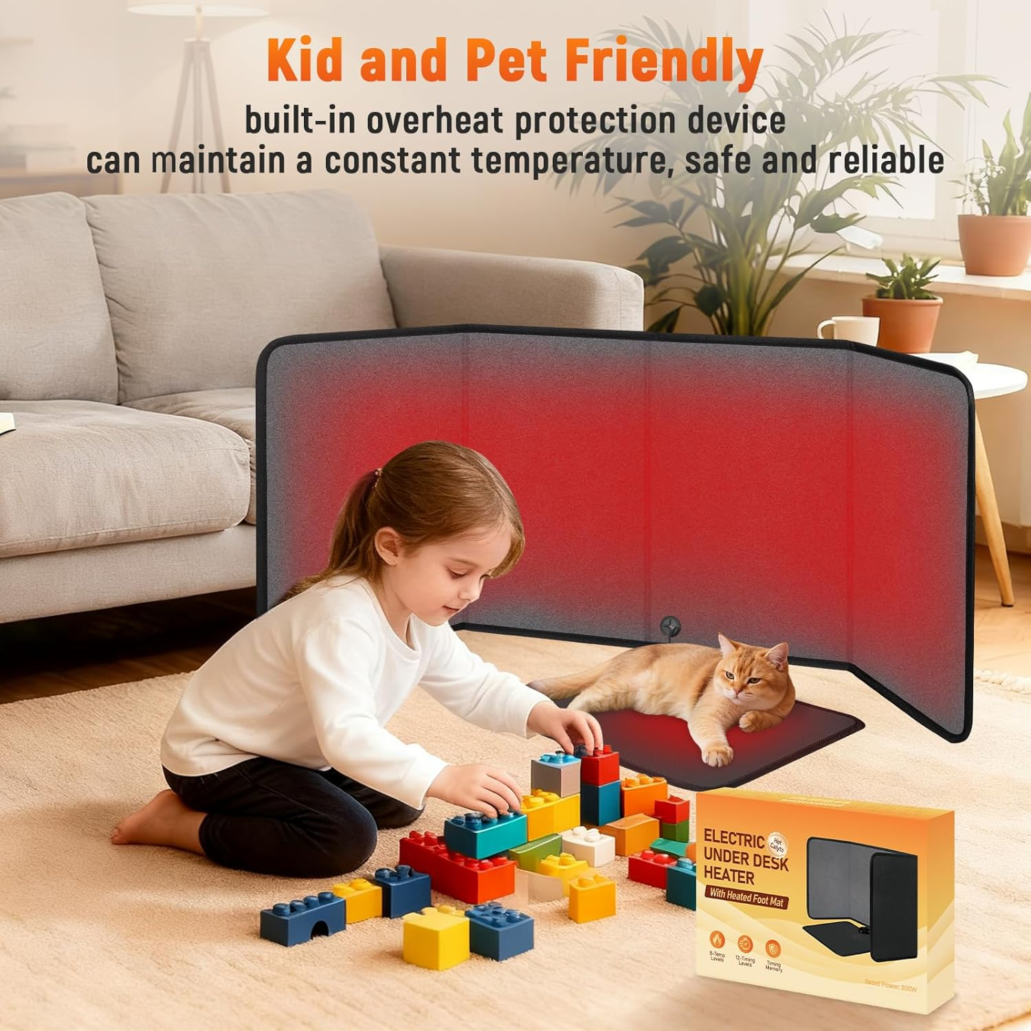 Foldable Electric Panel with Heated Foot Mat - 300W Portable Space Heater Under Desk Indoor - Warmer Floor Mat with Thermostat