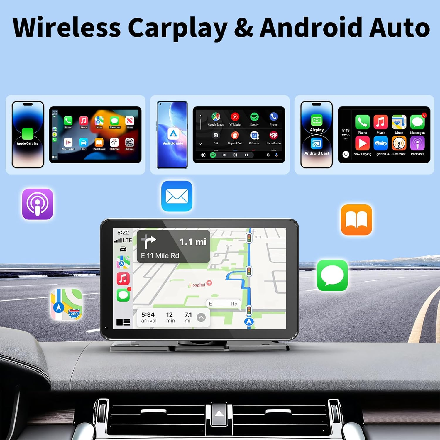 Wireless CarPlay & Android Auto Screen - Portable Touchscreen Display with GPS