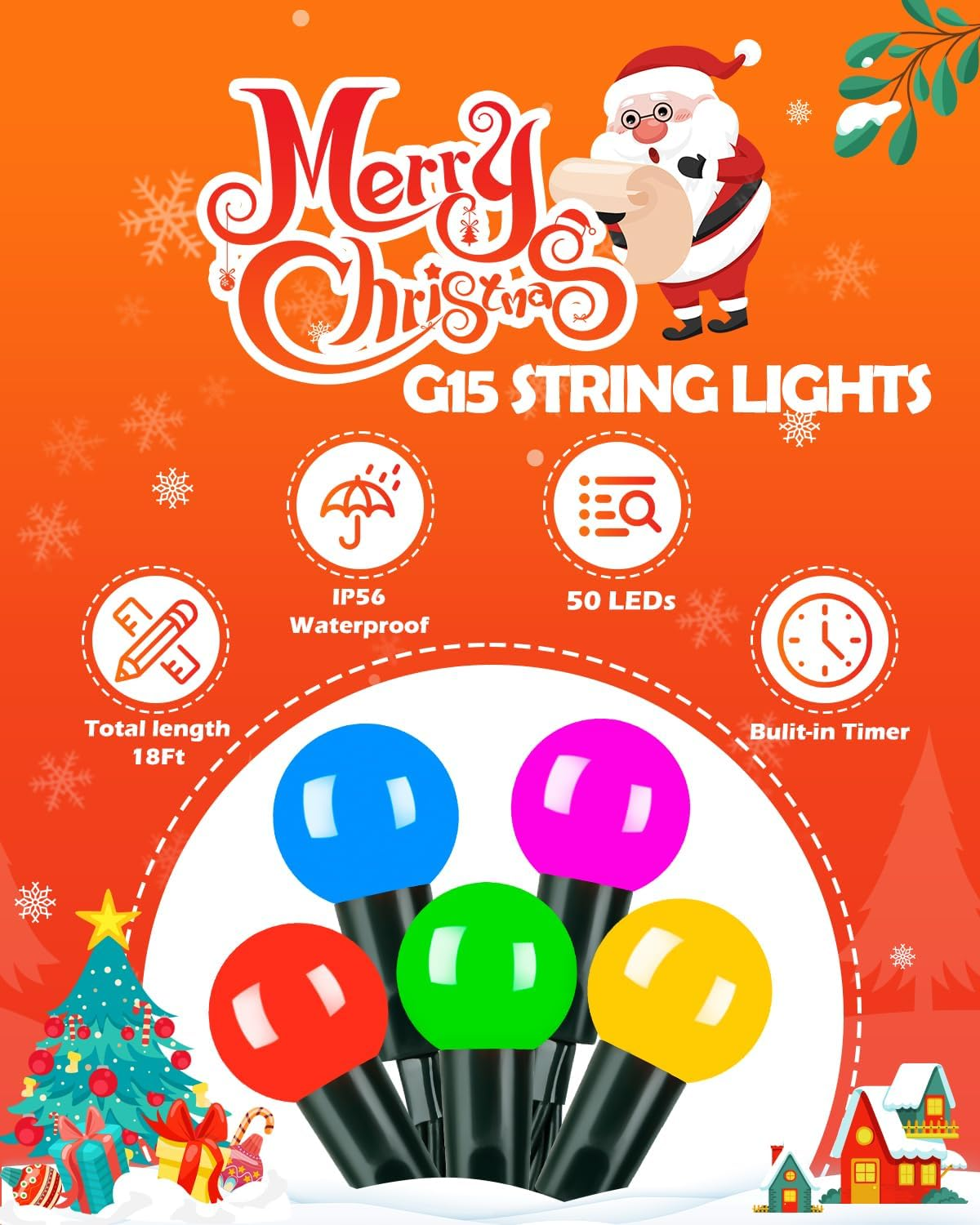 Christmas String Lights - 50 LED Battery Operated Globe Lights with Timer & 8 Modes