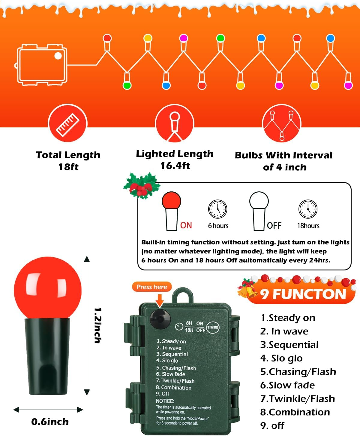 Christmas String Lights - 50 LED Battery Operated Globe Lights with Timer & 8 Modes