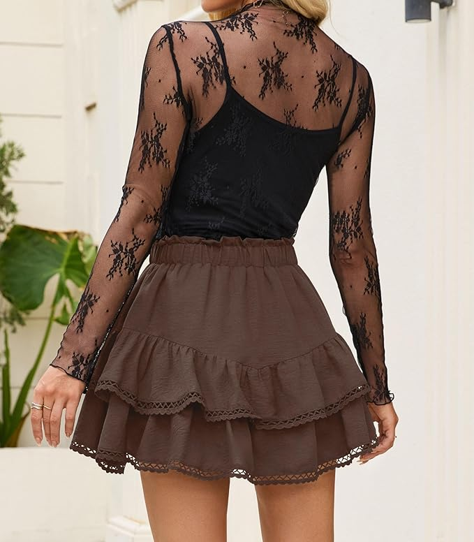 Women's Flowy Shorts - High Waist Lace Trim Boho Skorts with Tiered Ruffle