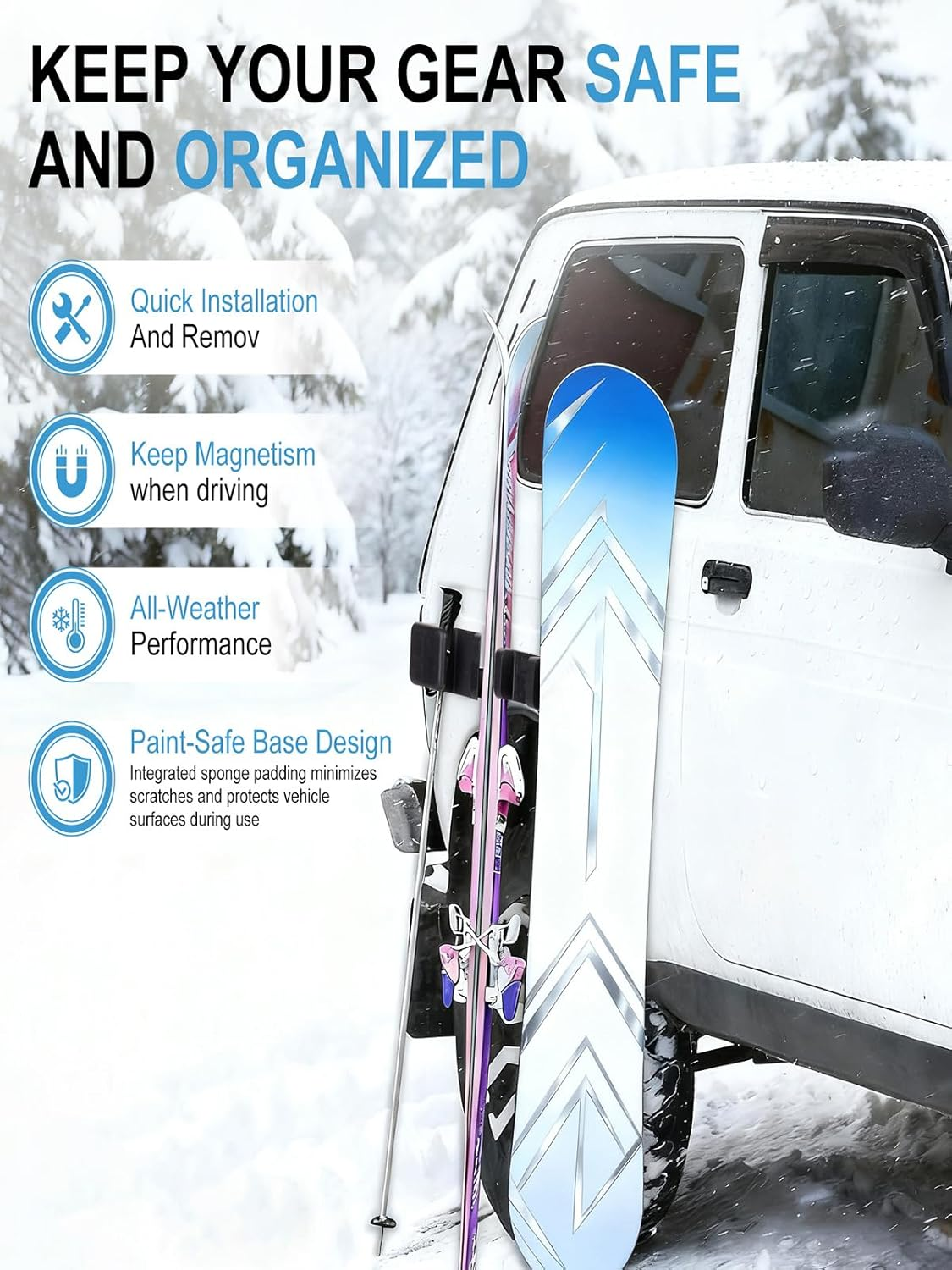 Magnetic Ski Holder for Side of Car - Magnetic Snowboard Mount - Holders to Prevent Ski Snowboard and Ski Pole from Tipping Ove