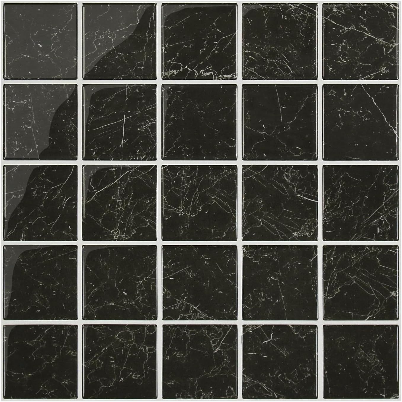 Black Marble Peel and Stick Backsplash Tiles - 10 Pack 12x12 3D Glossy Panels