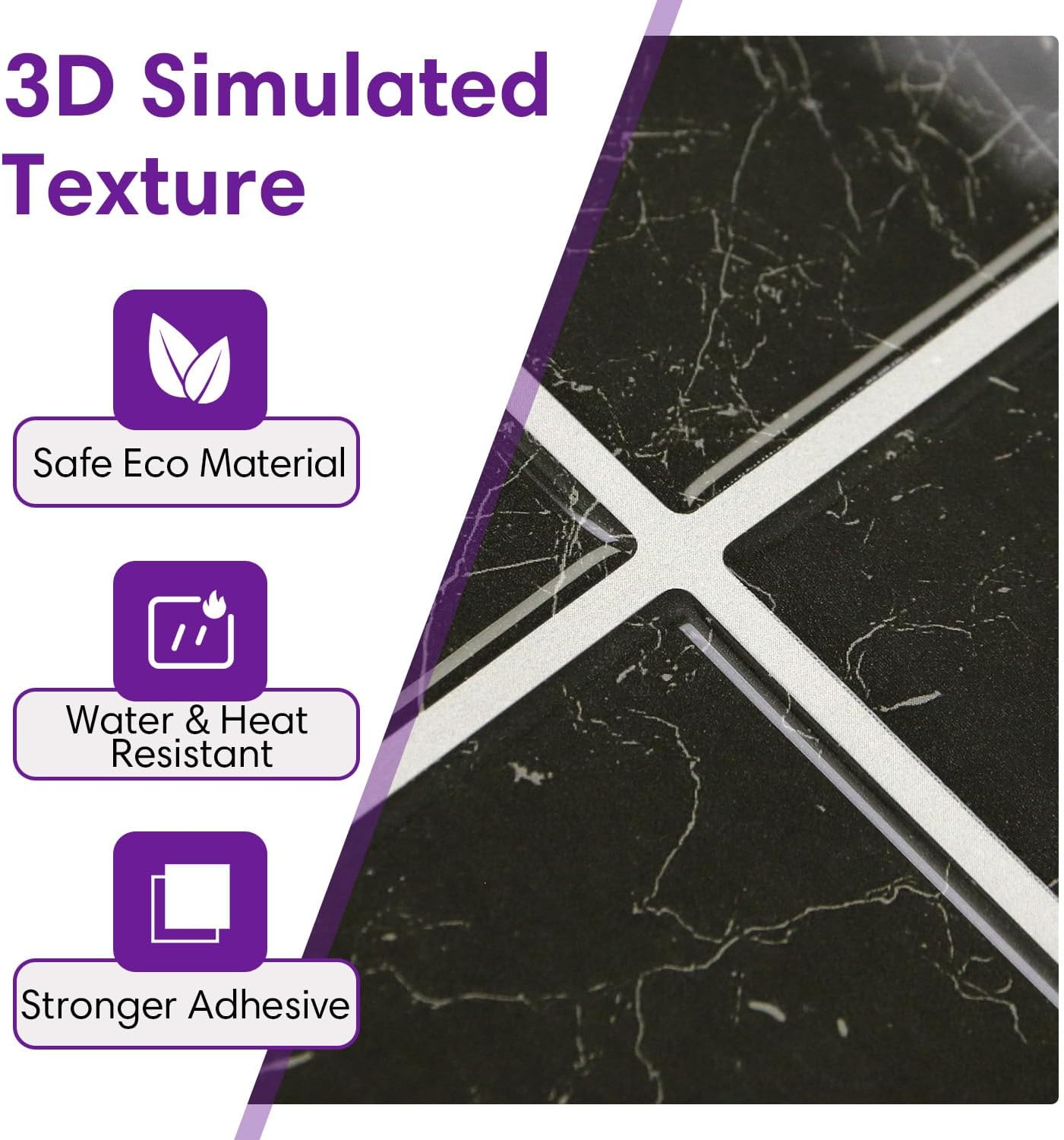 Black Marble Peel and Stick Backsplash Tiles - 10 Pack 12x12 3D Glossy Panels