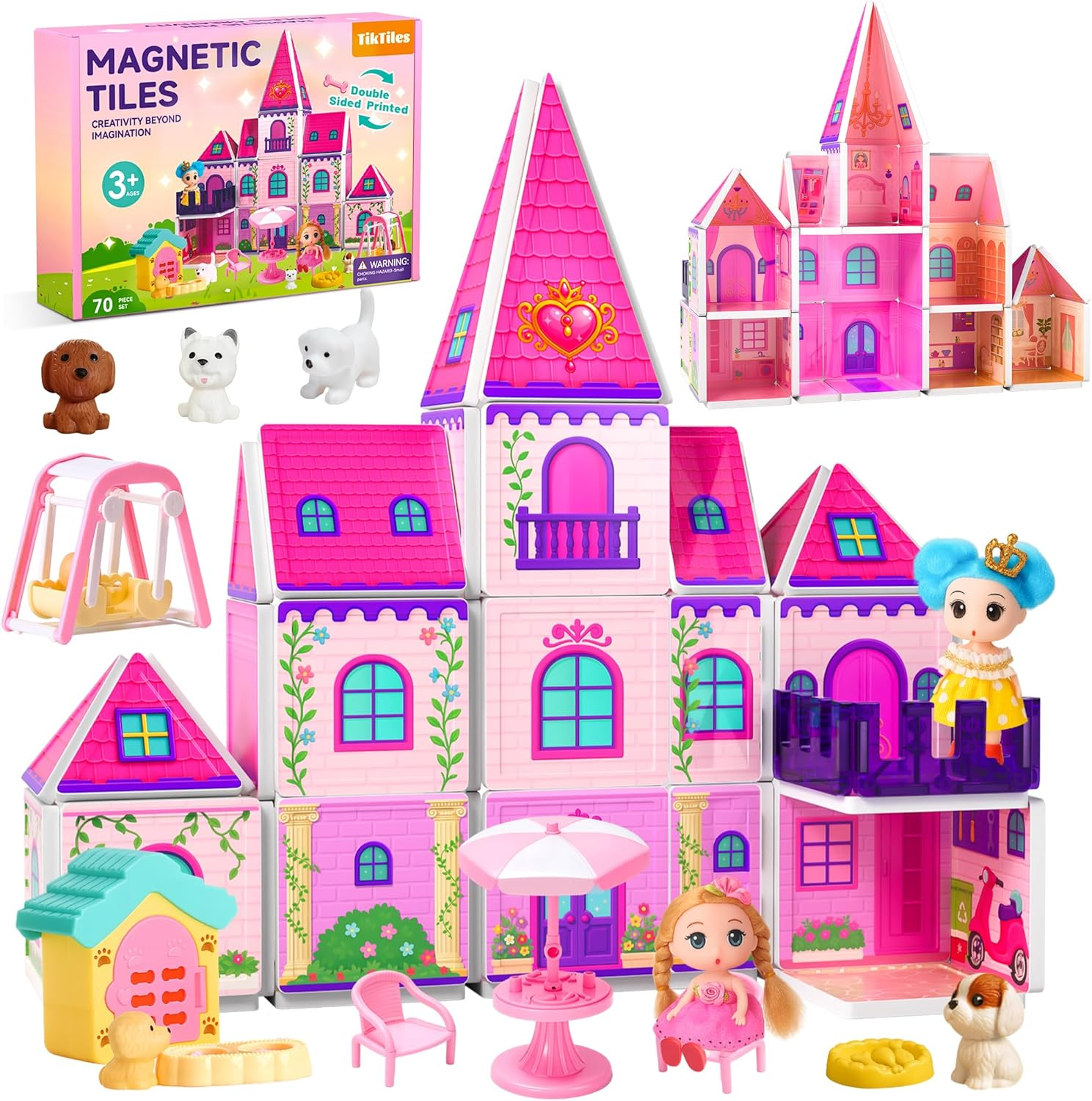 Magnetic Tiles Dollhouse - 70 Piece STEM Building Set with Doll & Pets