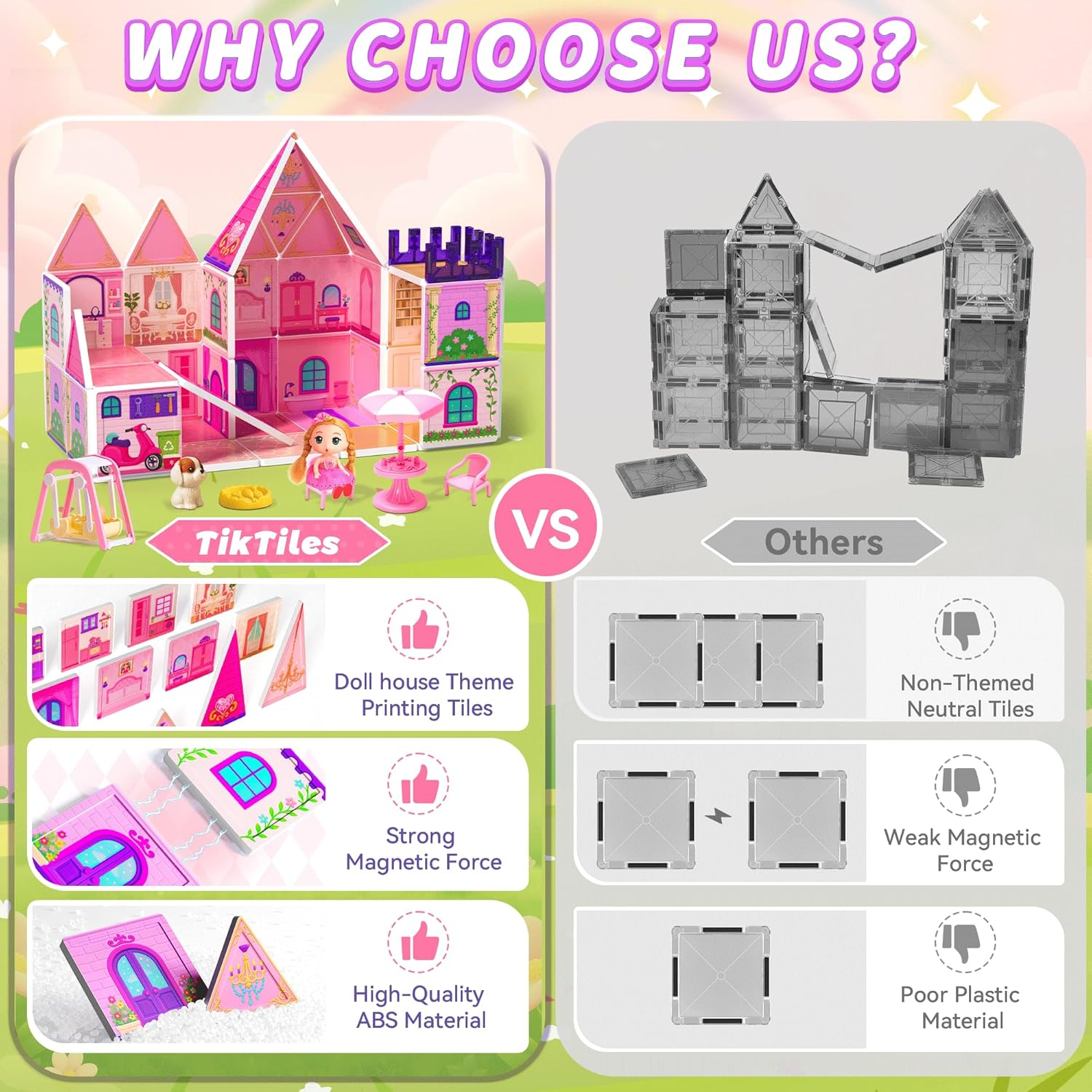 Magnetic Tiles Dollhouse - 70 Piece STEM Building Set with Doll & Pets