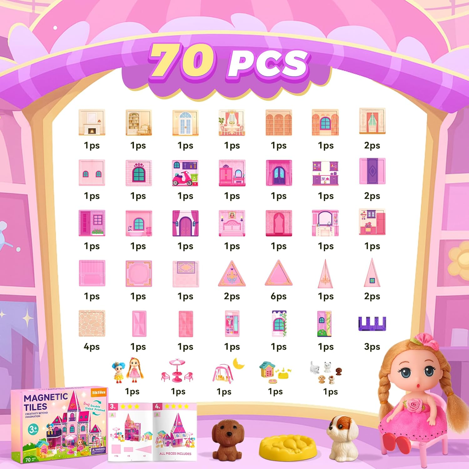 Magnetic Tiles Dollhouse - 70 Piece STEM Building Set with Doll & Pets