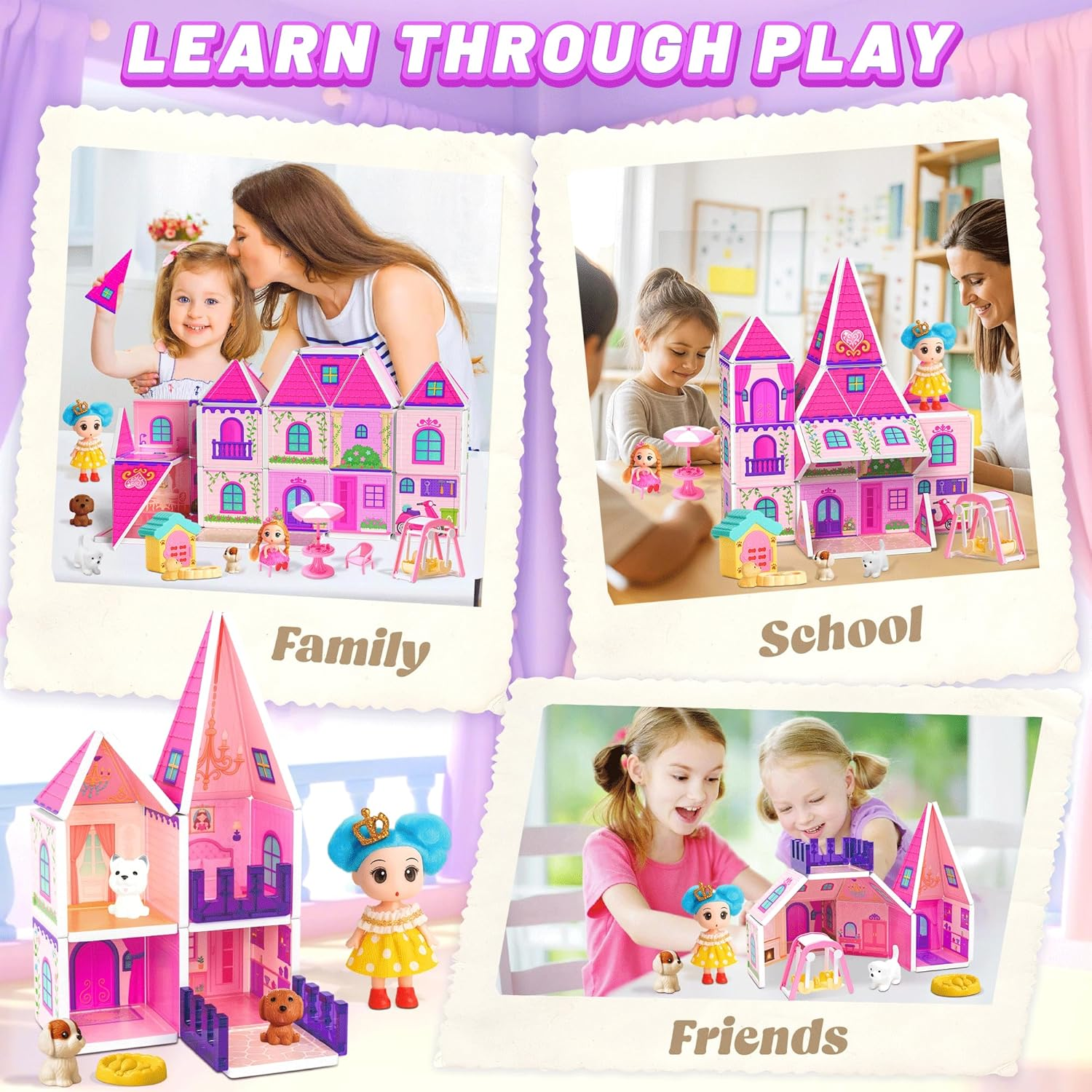 Magnetic Tiles Dollhouse - 70 Piece STEM Building Set with Doll & Pets