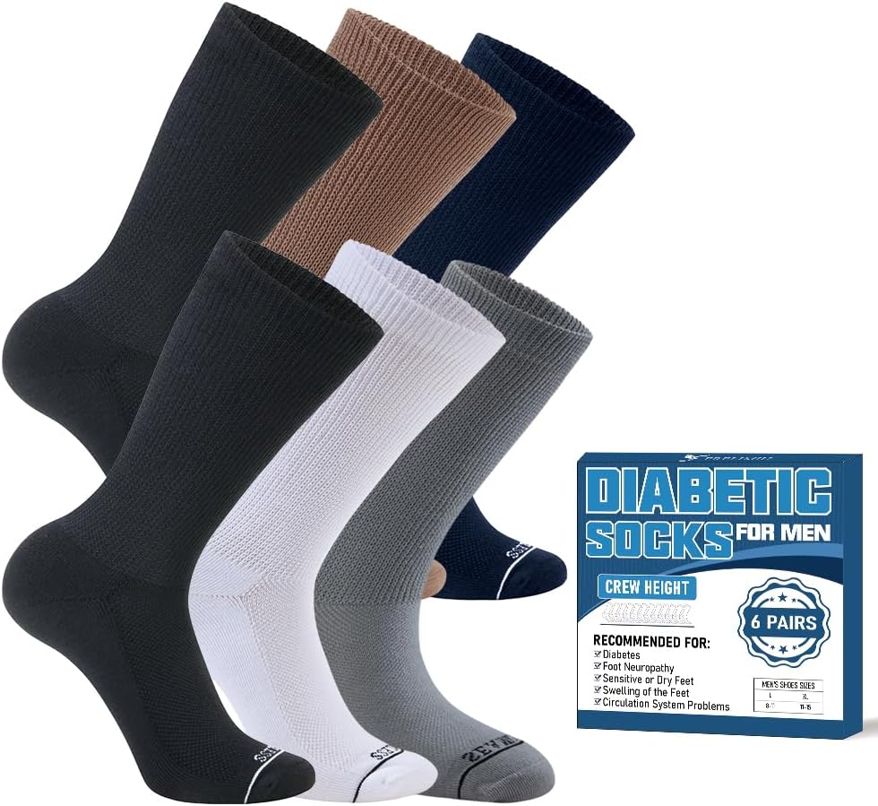Diabetic Socks for Men - 6 Pack Seamless Crew with Non-Binding Loose Top