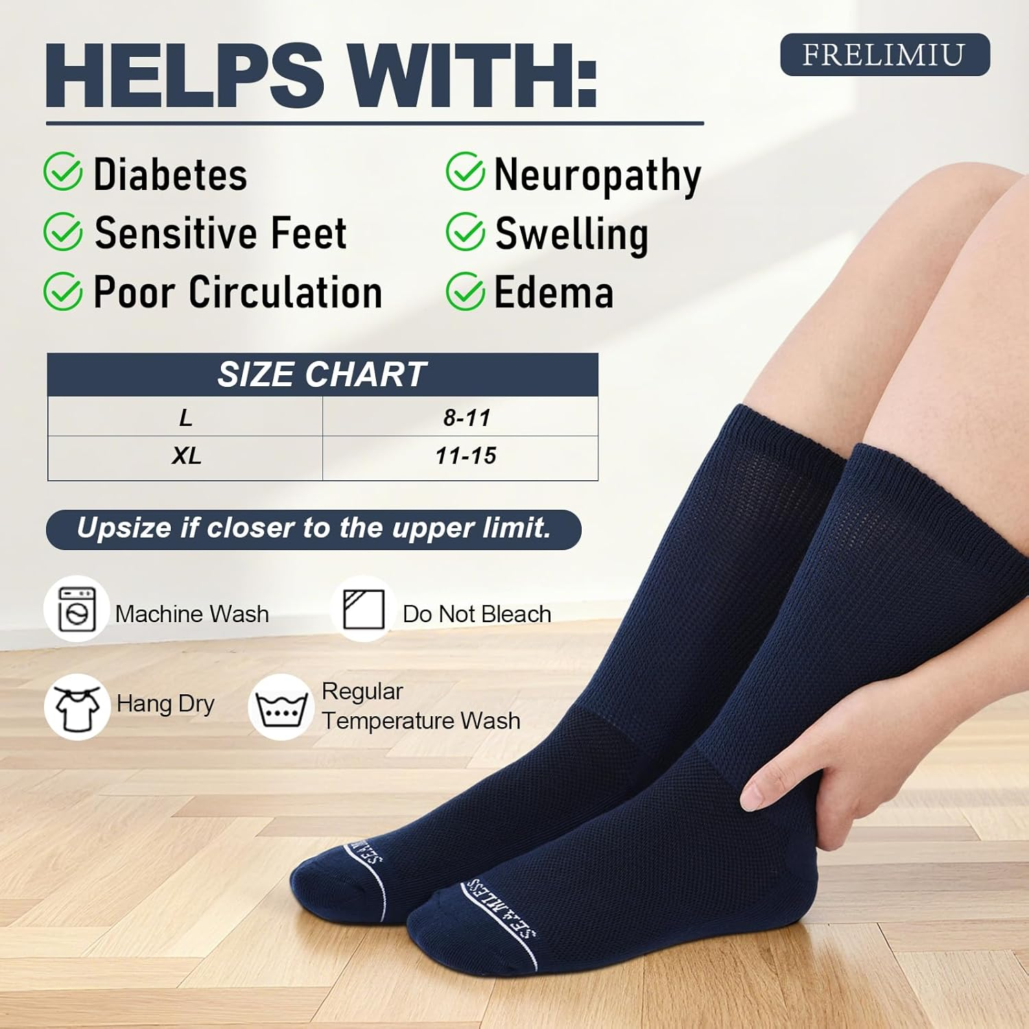 Diabetic Socks for Men - 6 Pack Seamless Crew with Non-Binding Loose Top