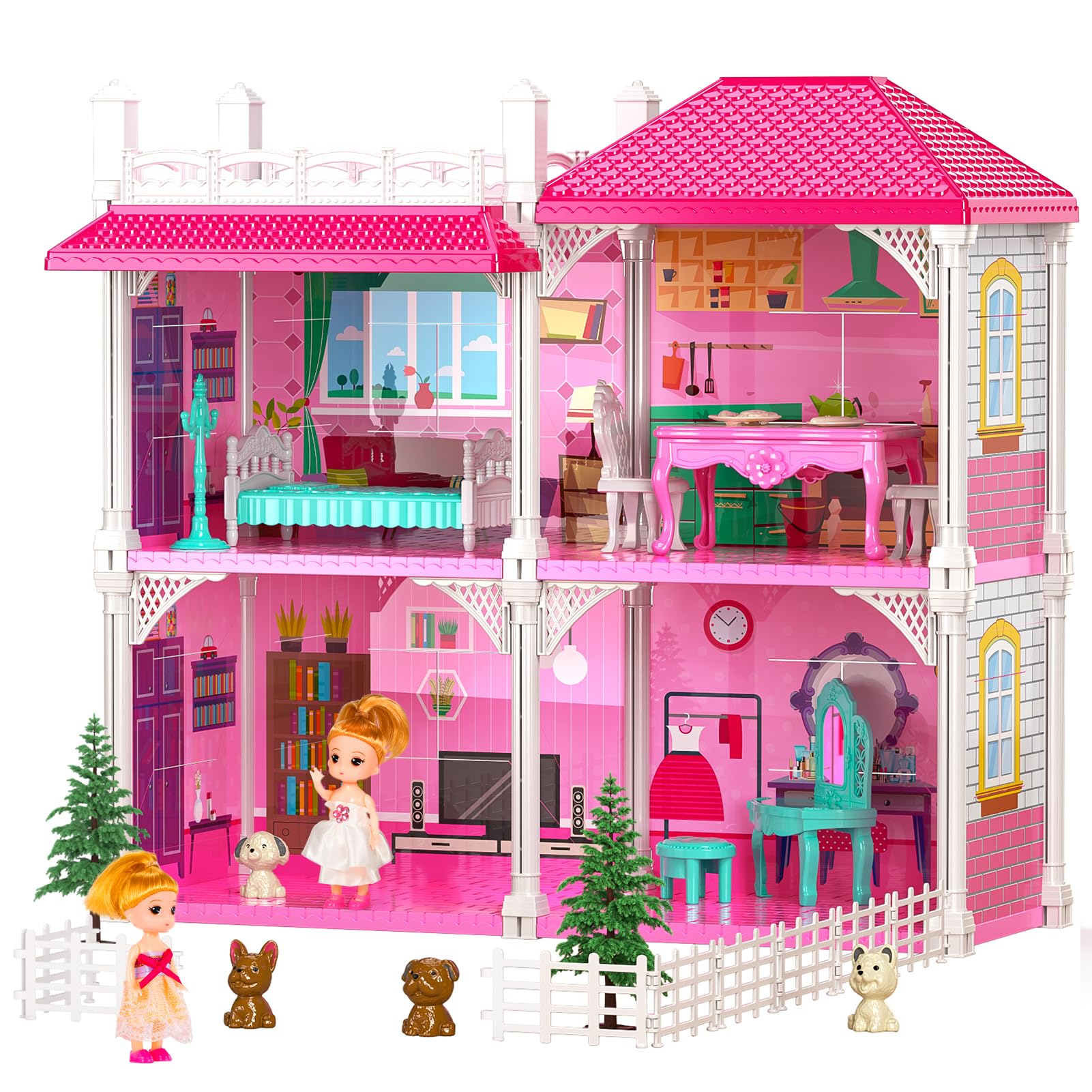 TEMI Luxury Doll House - 2-Story Villa with 4 Rooms, 2 Dolls & Furniture for Girls Ages 3-8