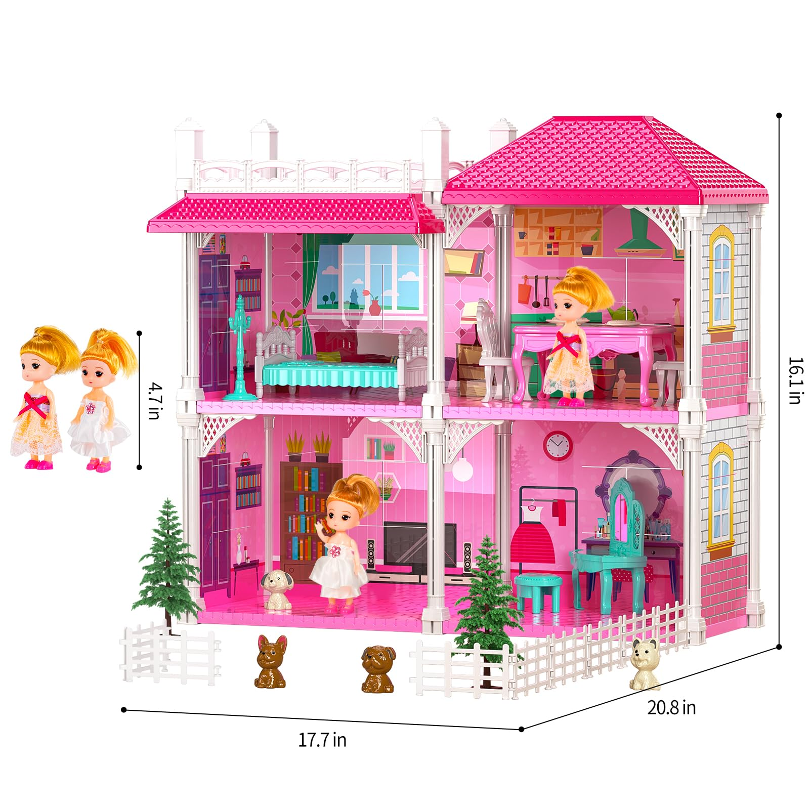 TEMI Luxury Doll House - 2-Story Villa with 4 Rooms, 2 Dolls & Furniture for Girls Ages 3-8