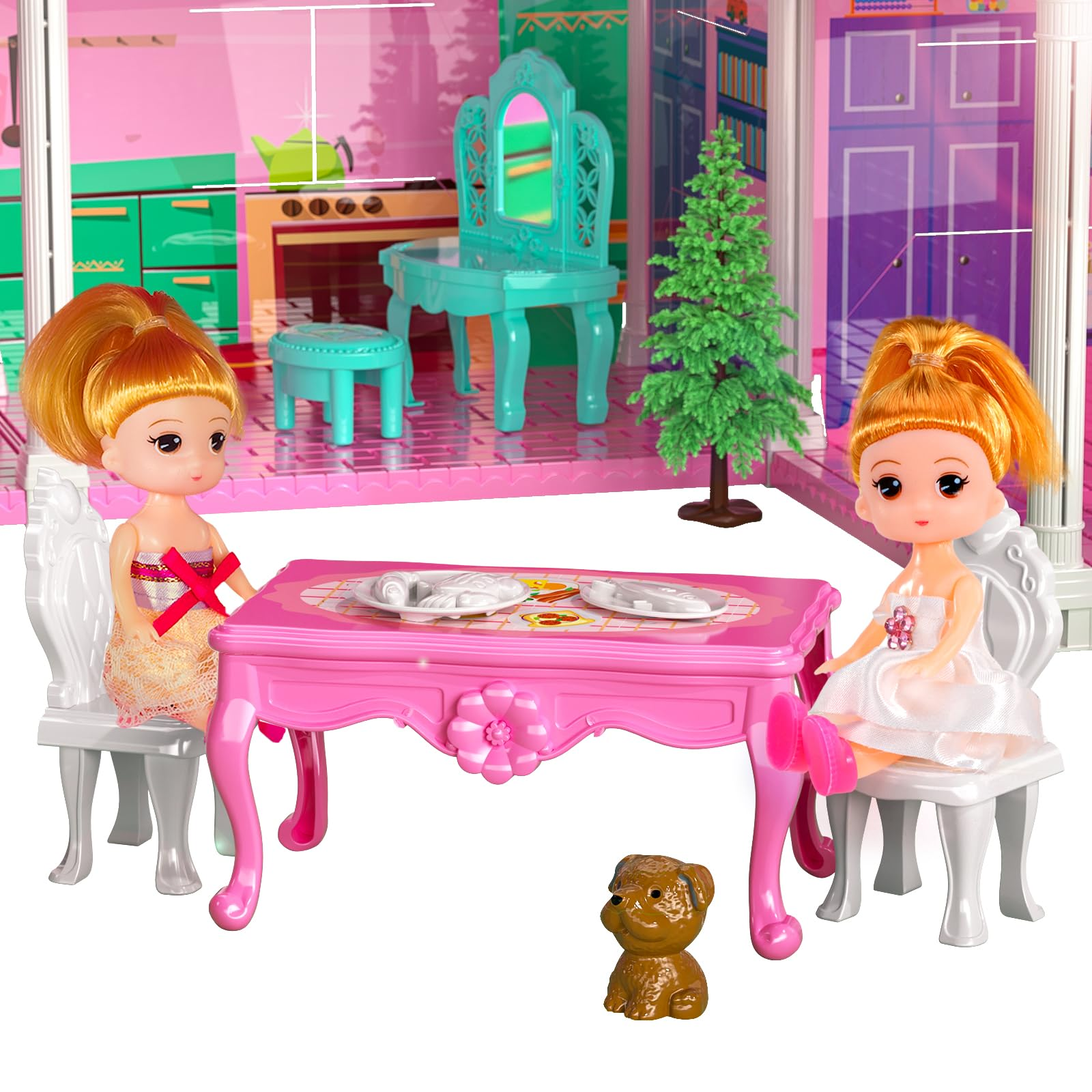 TEMI Luxury Doll House - 2-Story Villa with 4 Rooms, 2 Dolls & Furniture for Girls Ages 3-8