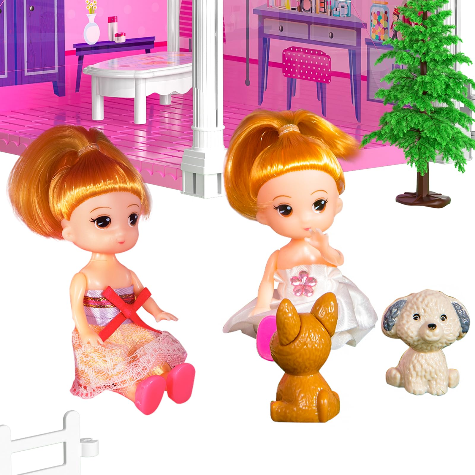 TEMI Luxury Doll House - 2-Story Villa with 4 Rooms, 2 Dolls & Furniture for Girls Ages 3-8