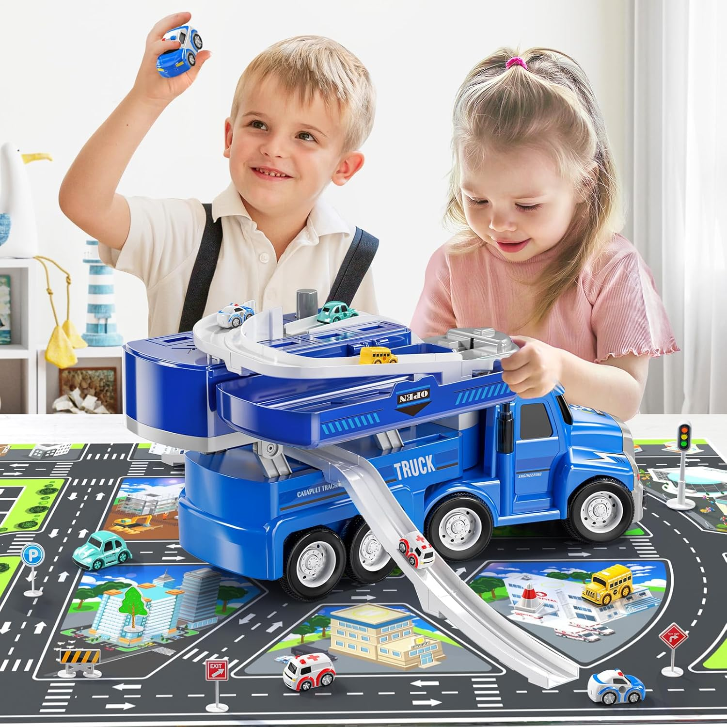 2-in-1 Carrier Toy Truck with 8 City Cars - Transport Vehicle with Lights & Music for Kids 2-6