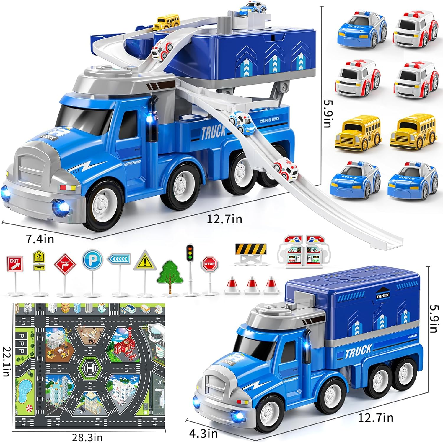 2-in-1 Carrier Toy Truck with 8 City Cars - Transport Vehicle with Lights & Music for Kids 2-6