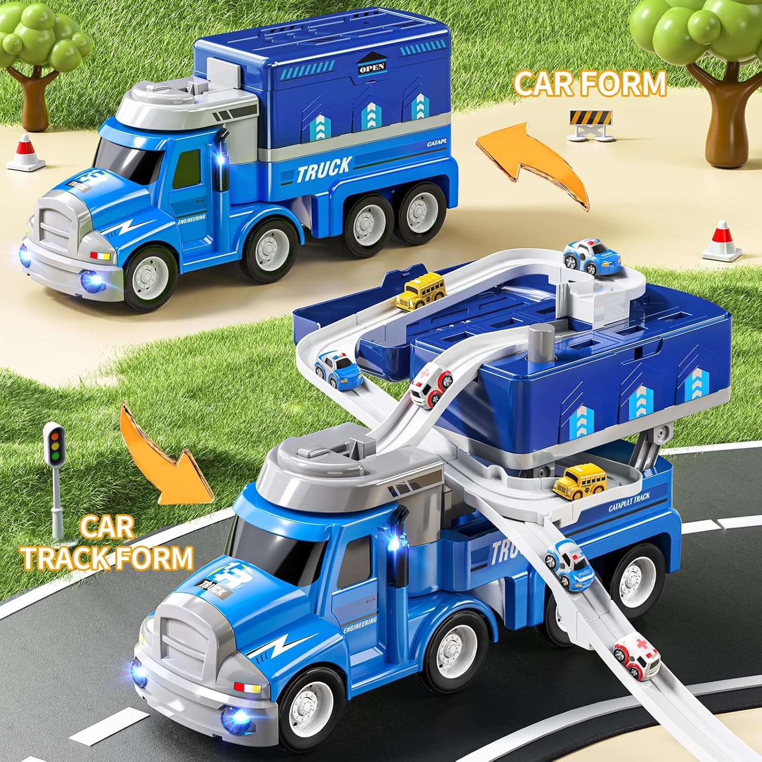 2-in-1 Carrier Toy Truck with 8 City Cars - Transport Vehicle with Lights & Music for Kids 2-6