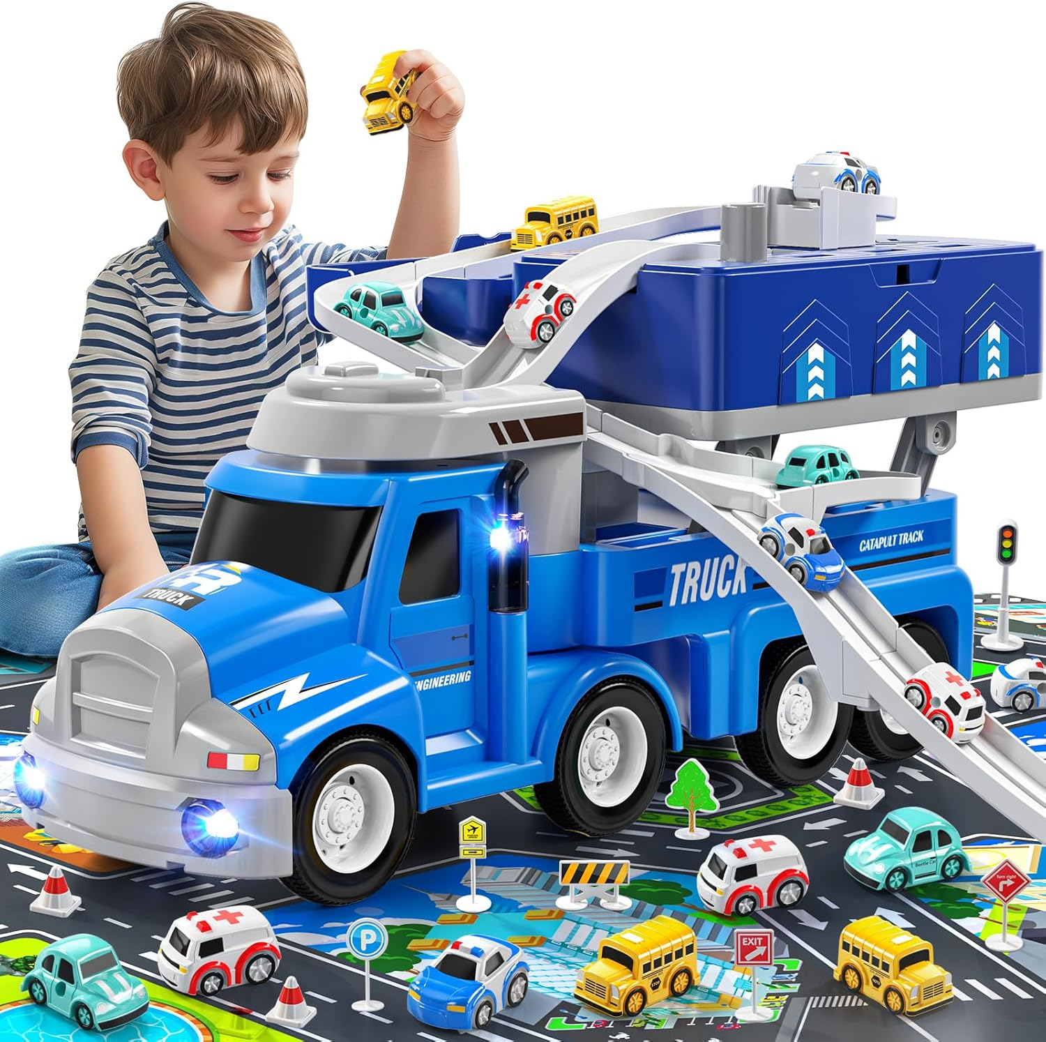2-in-1 Carrier Toy Truck with 8 City Cars - Transport Vehicle with Lights & Music for Kids 2-6