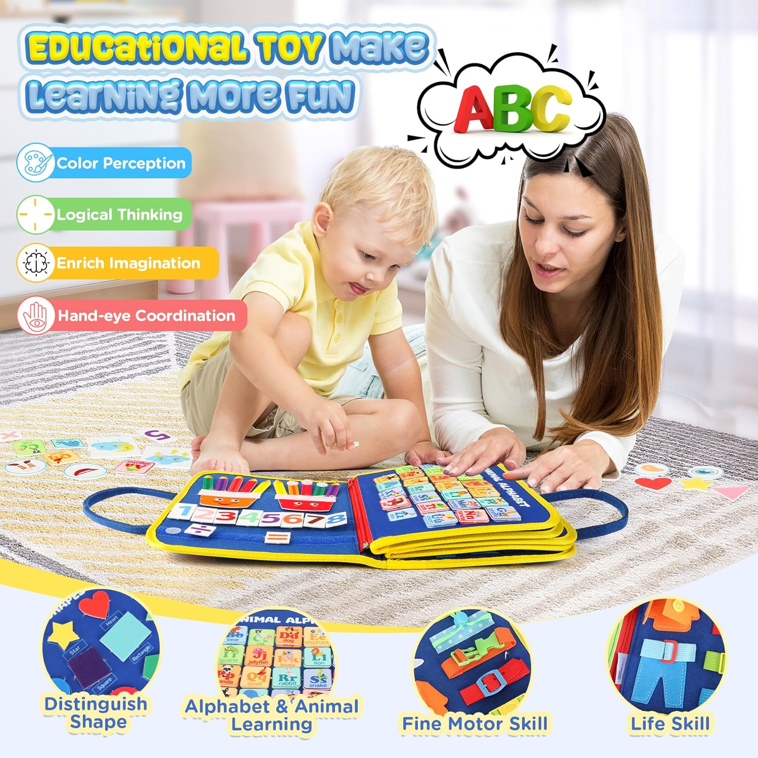 Busy Board Montessori Toy for Toddlers 1-4 Years - Fine Motor Skills & Sensory Learning