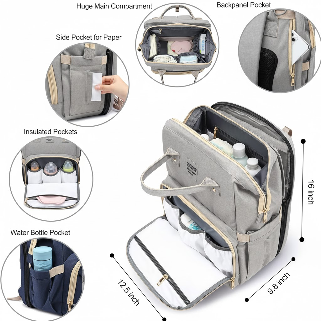 3-in-1 Diaper Bag Backpack with Travel Bassinet - Foldable Baby Bed & Changing Station