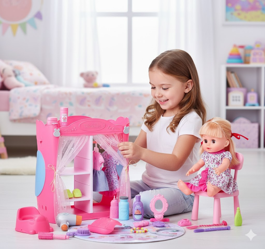 Baby Doll Playset with Wardrobe Bed & Hair Salon - 37-Piece Toy Set for Kids Ages 3-6