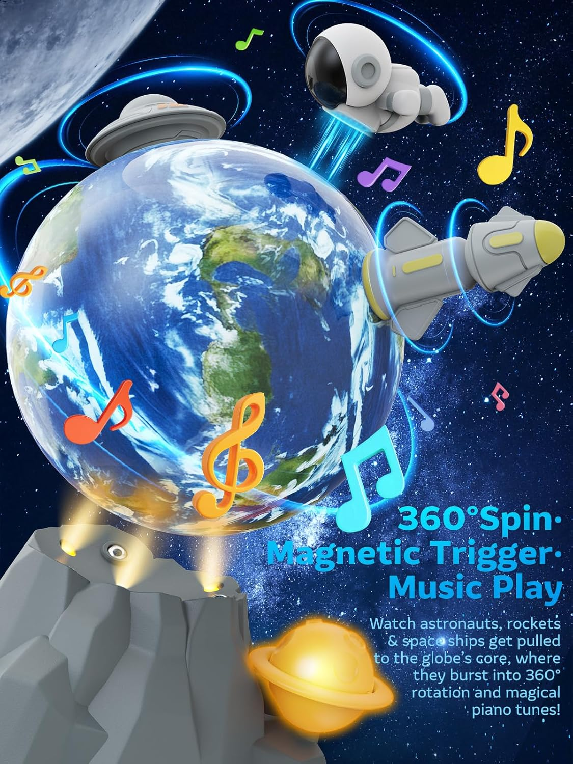 Magnetic Rotating Space Toy with Music & Light - 360° Spinning Rocket STEM Playset for Kids Ages 3-10