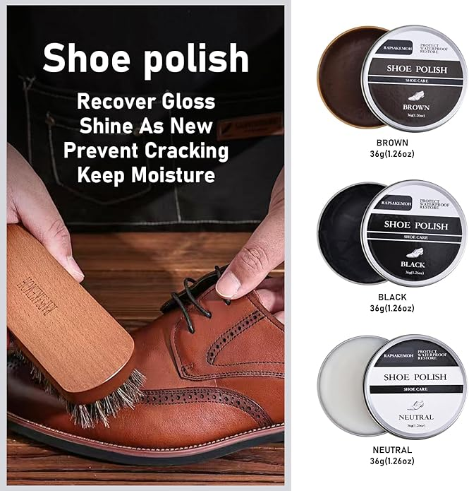 12-Piece Shoe Polish Kit with Horsehair Brushes - Premium Leather Care Set with Mink Oil & Microfiber Cloths for Men